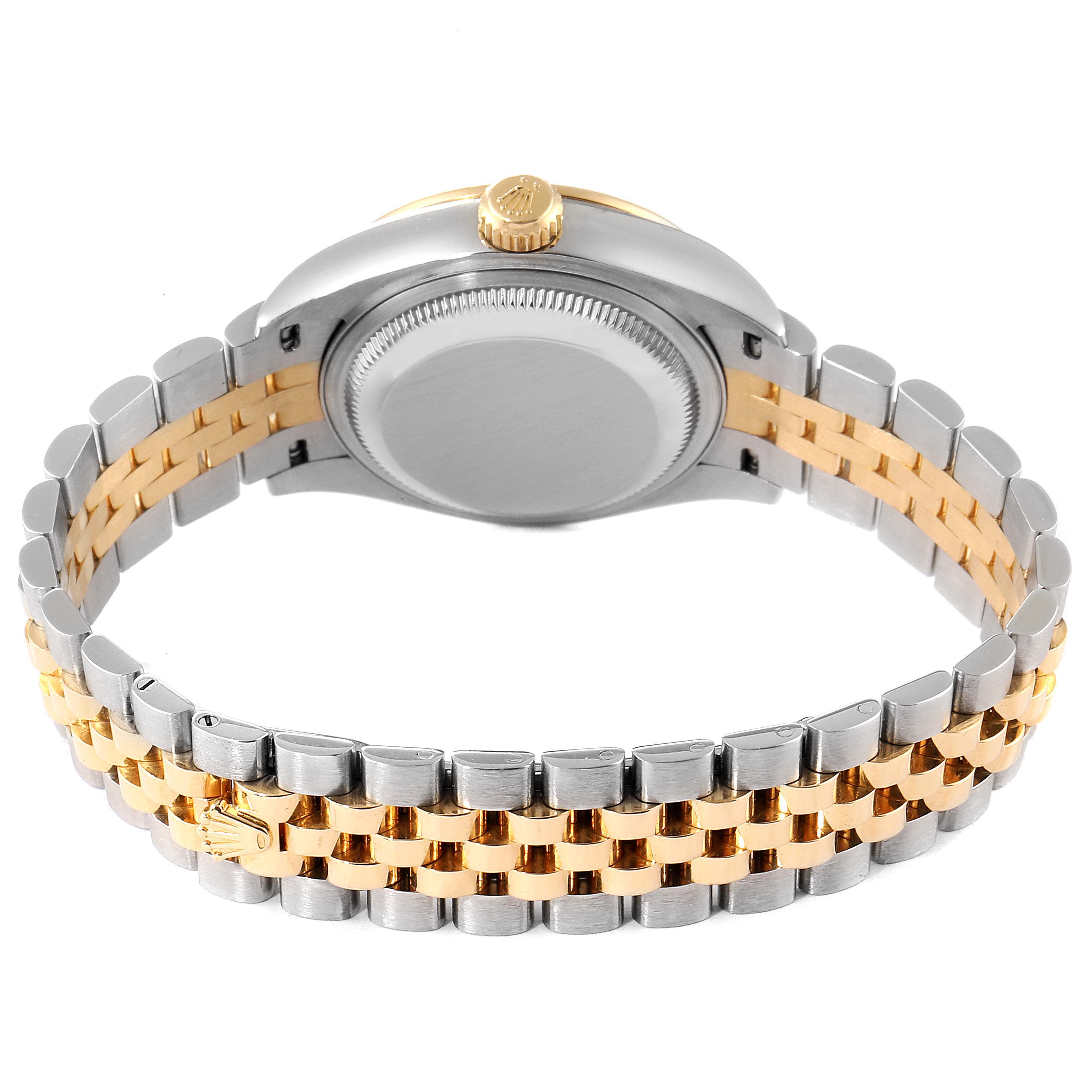 The image shows the back and bracelet of a Rolex Datejust 279383 Women's Steel and Gold (two tone) Mother of Pearl Dial 279383 Women's Steel and Gold (two tone) Mother of Pearl Dial watch, highlighting its two-tone gold and silver link design.