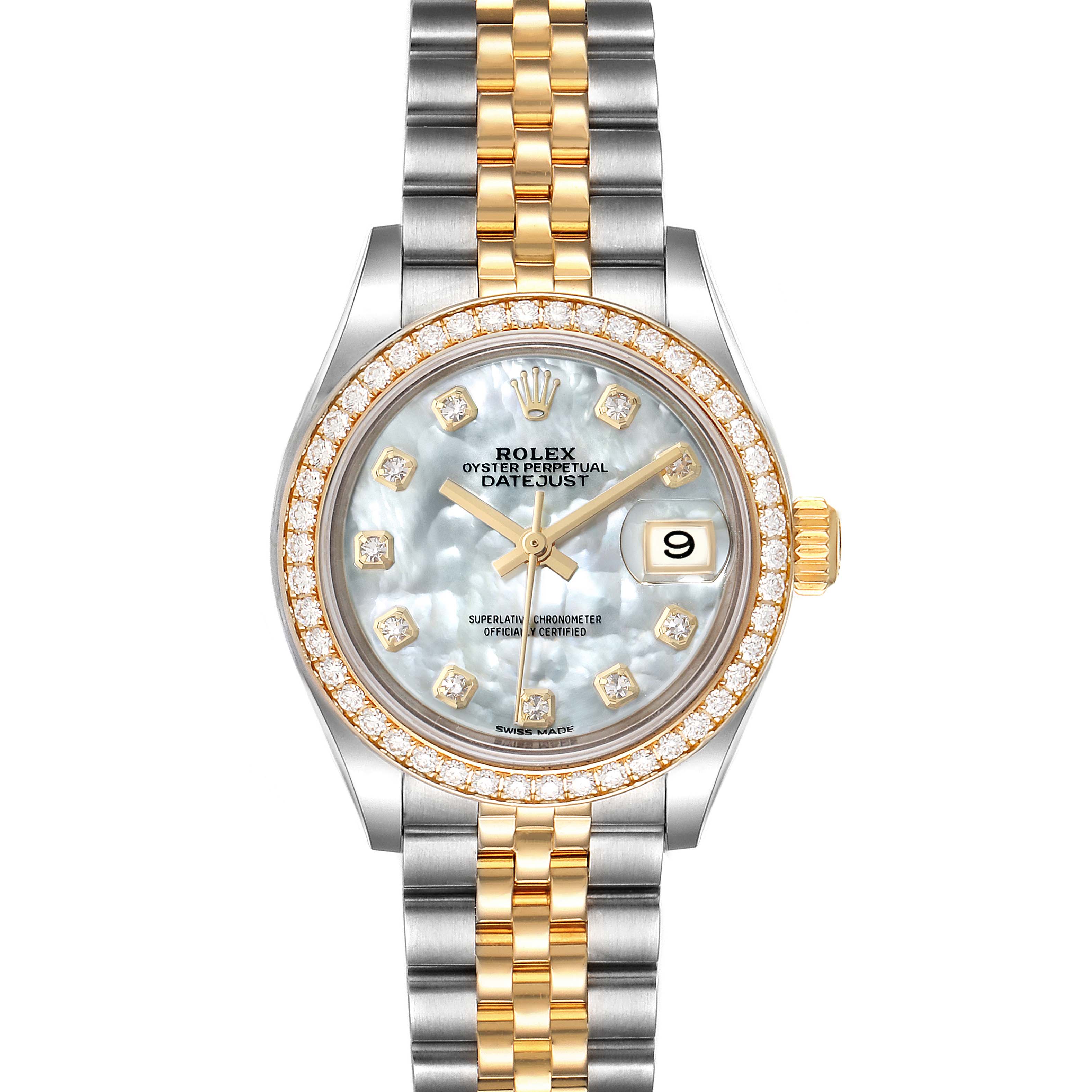 This image shows a Rolex Datejust 279383 Women's Steel and Gold (two tone) Mother of Pearl Dial 279383 Women's Steel and Gold (two tone) Mother of Pearl Dial watch from a front view, highlighting its face, bezel, and two-tone bracelet.