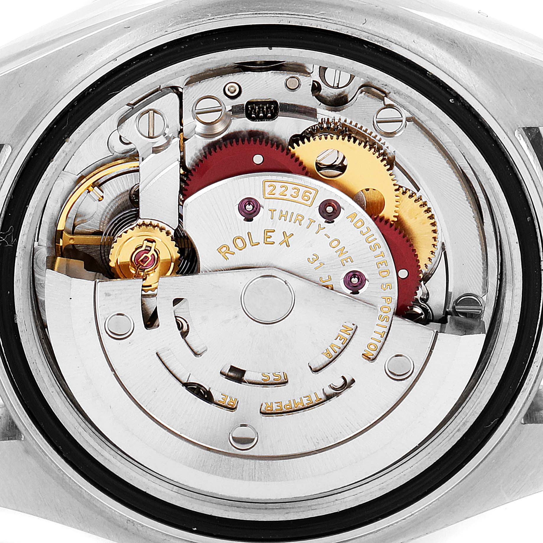 This image shows the internal movement mechanism of a Rolex Datejust 279383 Women's Steel and Gold (two tone) Mother of Pearl Dial 279383 Women's Steel and Gold (two tone) Mother of Pearl Dial watch from a close-up, rear angle.