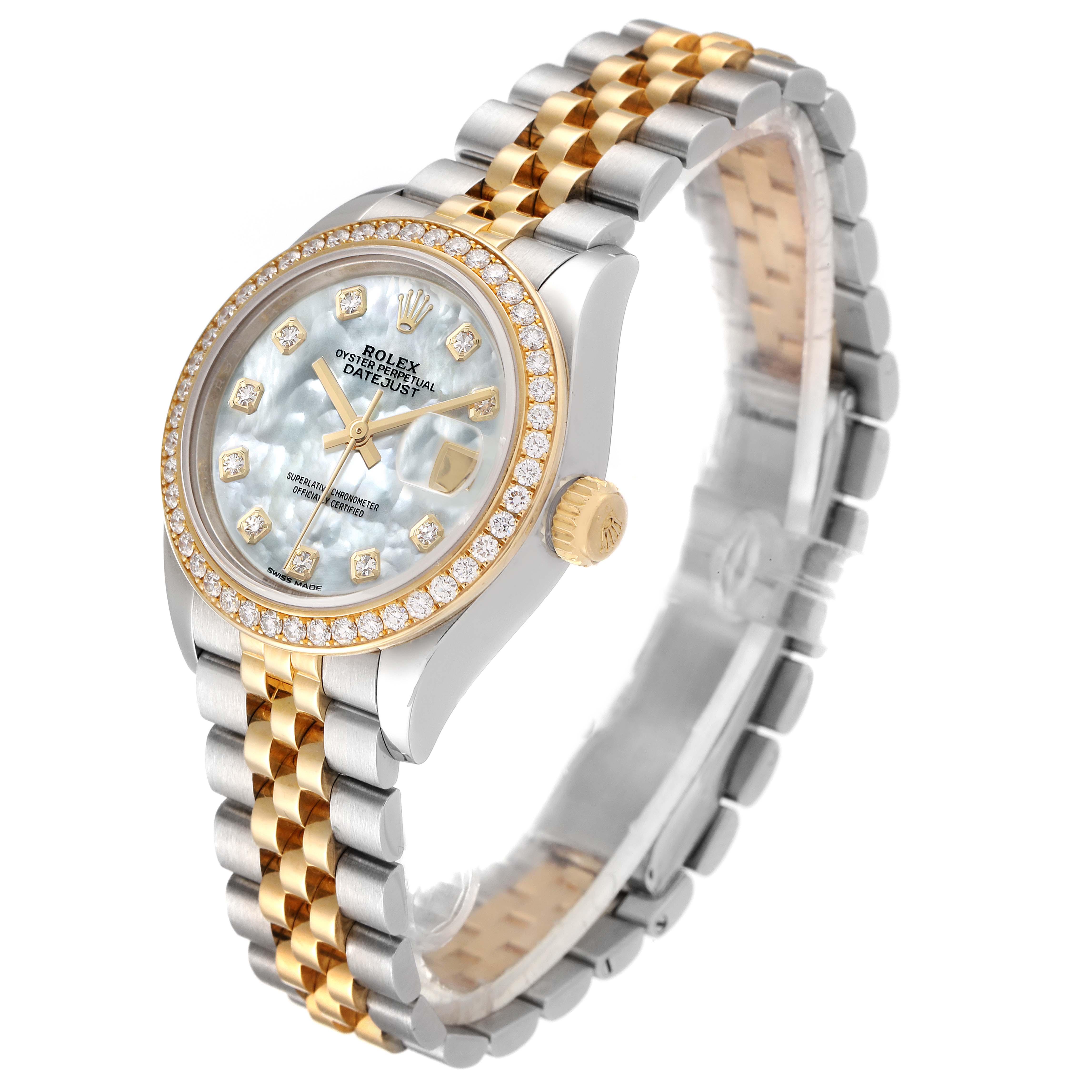 This image shows a Rolex Datejust 279383 Women's Steel and Gold (two tone) Mother of Pearl Dial 279383 Women's Steel and Gold (two tone) Mother of Pearl Dial watch at a three-quarter angle, highlighting the dial, bezel, crown, and two-tone bracelet.