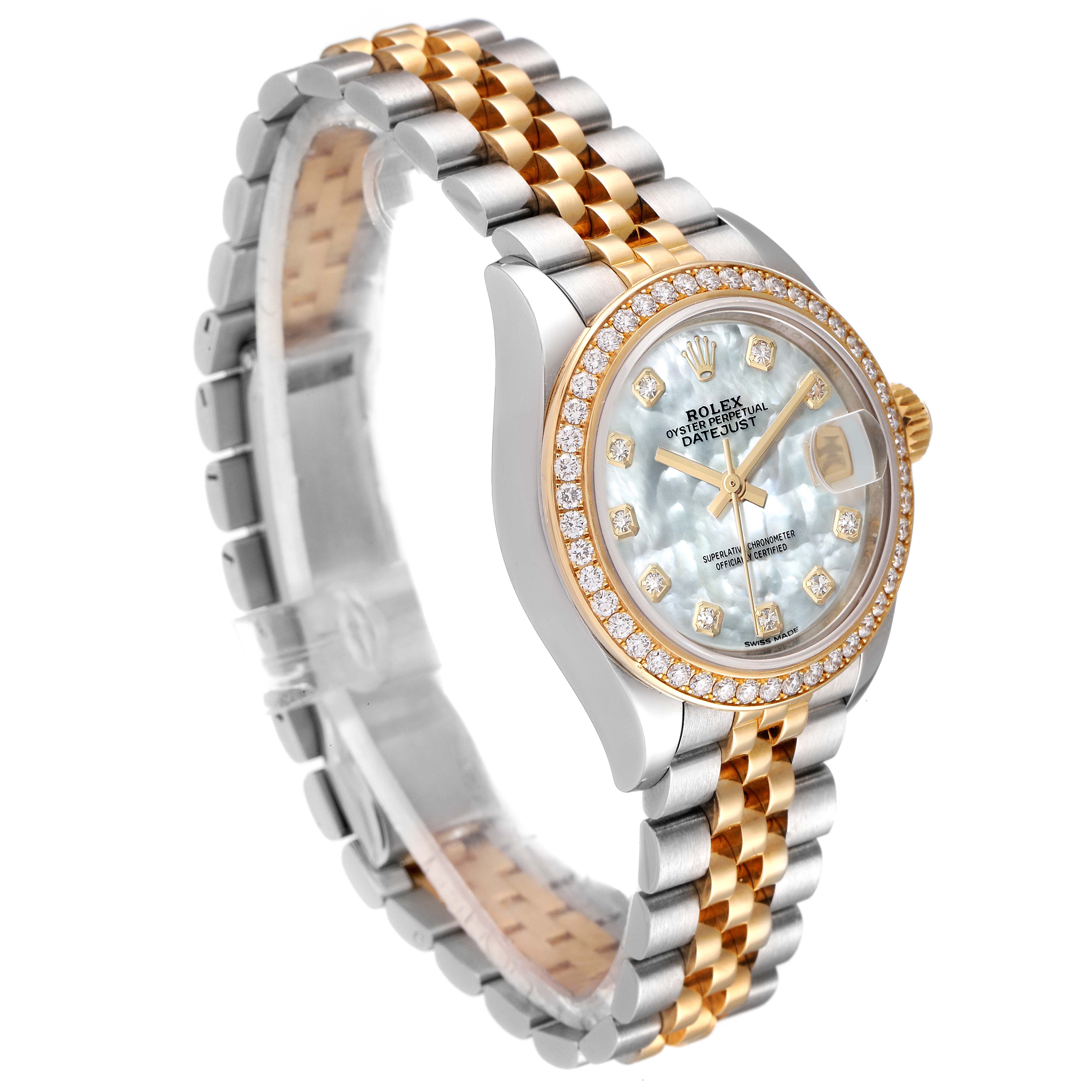 This Rolex Datejust 279383 Women's Steel and Gold (two tone) Mother of Pearl Dial 279383 Women's Steel and Gold (two tone) Mother of Pearl Dial watch is shown from an angled side view, displaying its band, bezel, and dial.