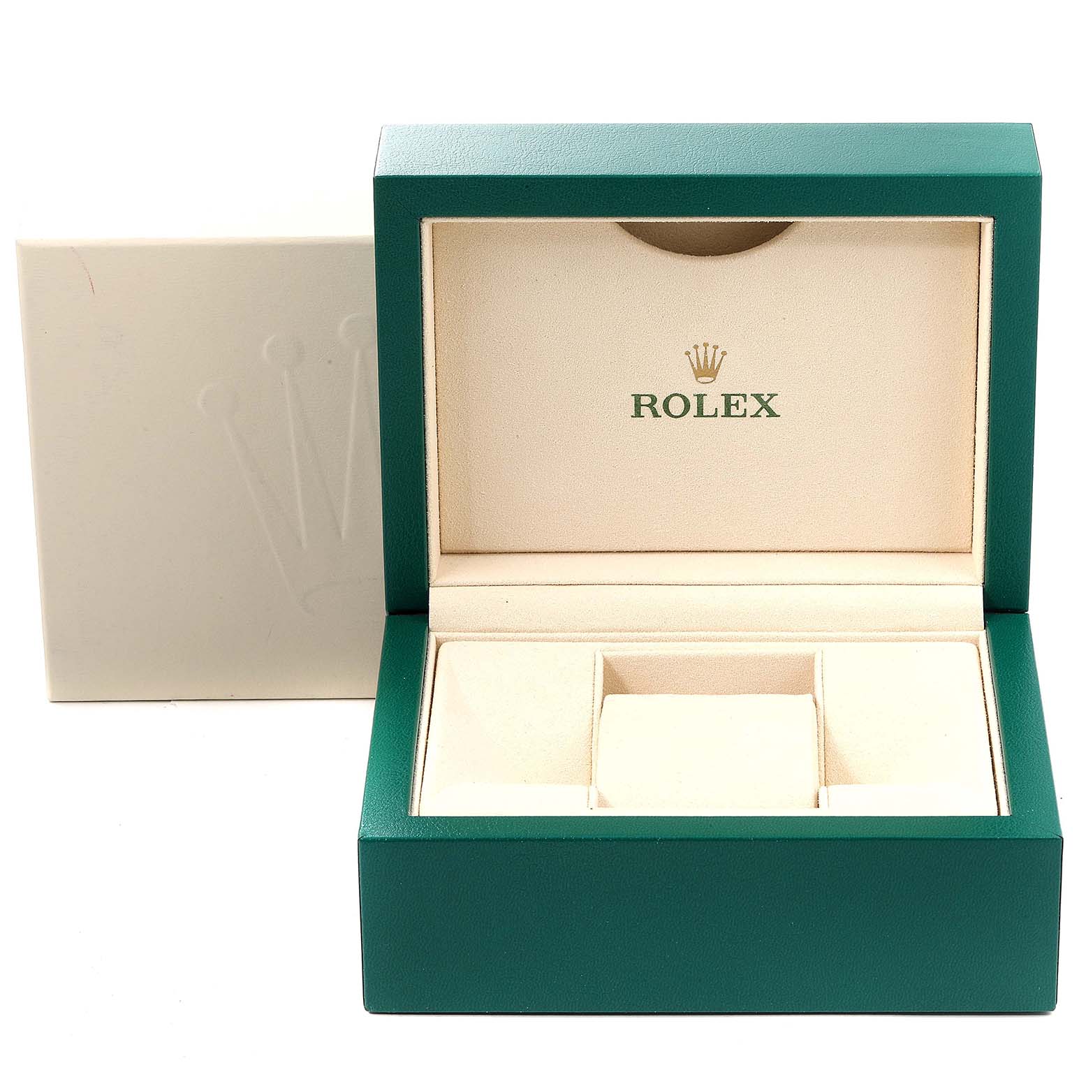This image shows an open green and beige Rolex watch box for the Datejust model, with the outer packaging visible.