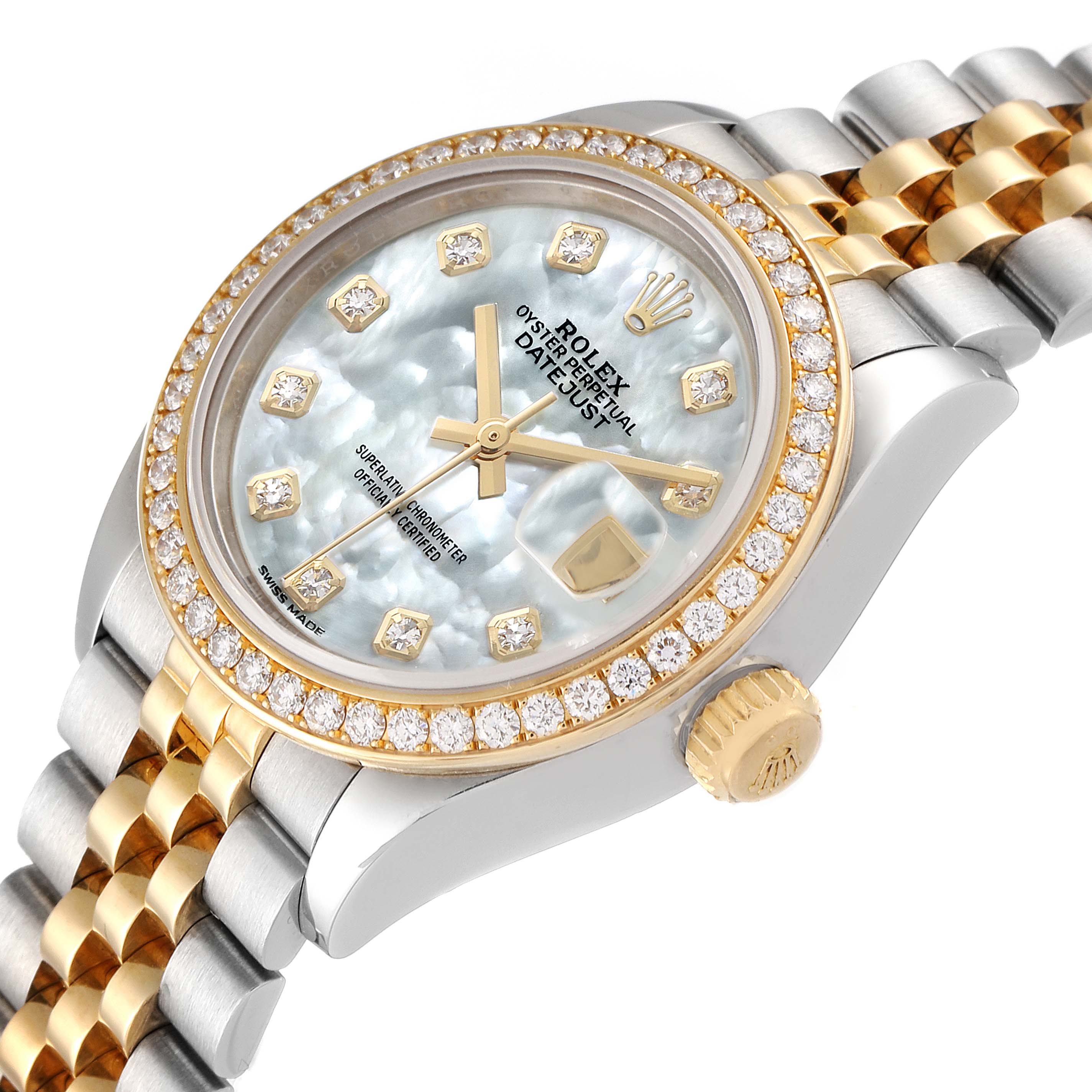 The image shows a Rolex Datejust 279383 Women's Steel and Gold (two tone) Mother of Pearl Dial 279383 Women's Steel and Gold (two tone) Mother of Pearl Dial watch at an angled view highlighting its face, bezel, crown, and part of the bracelet.