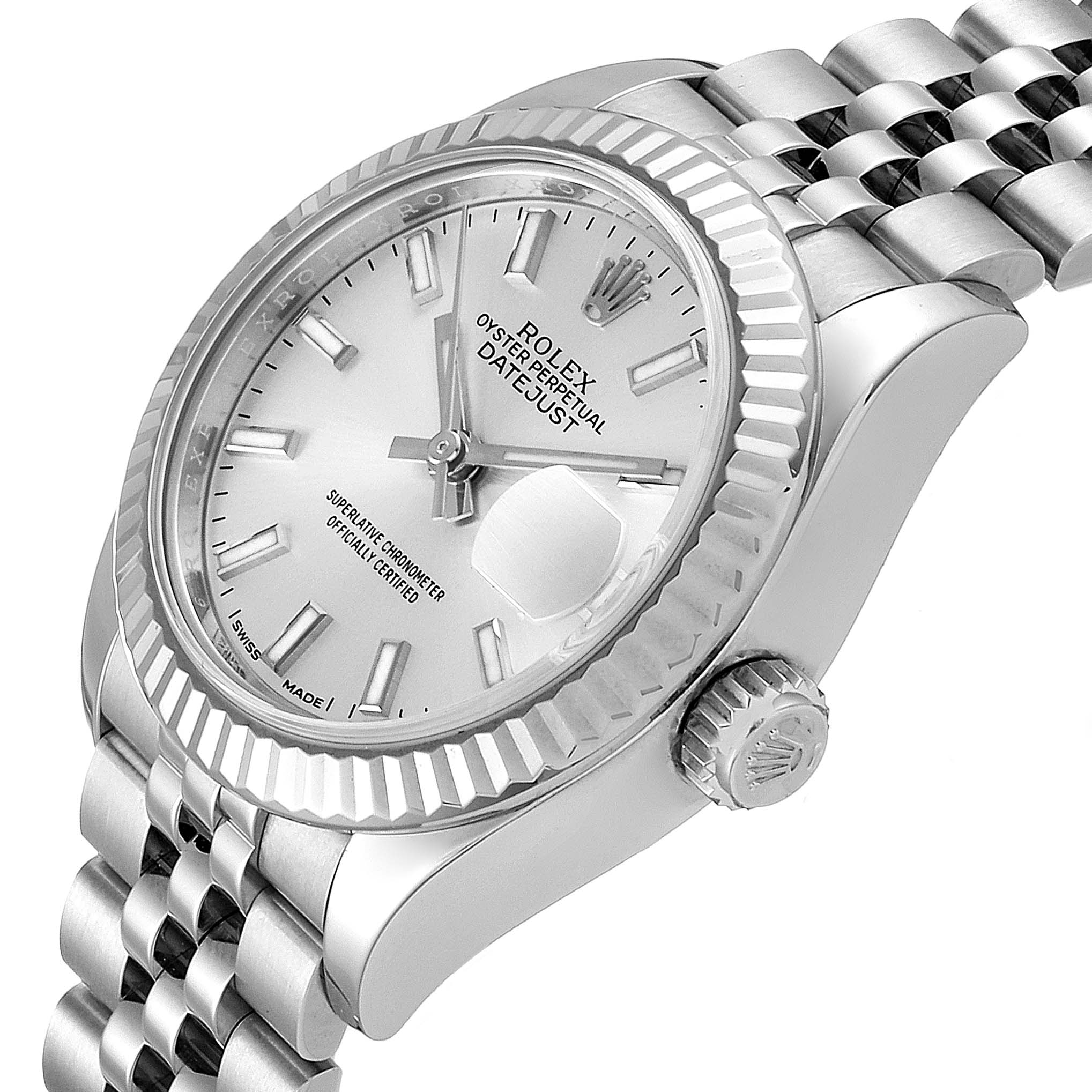 The image shows a Rolex Datejust 279174 Women
s Stainless Steel Silver Dial 279174 Women
s Stainless Steel Silver Dial watch from an angled close-up, highlighting the dial, bezel, crown, and part of the bracelet.