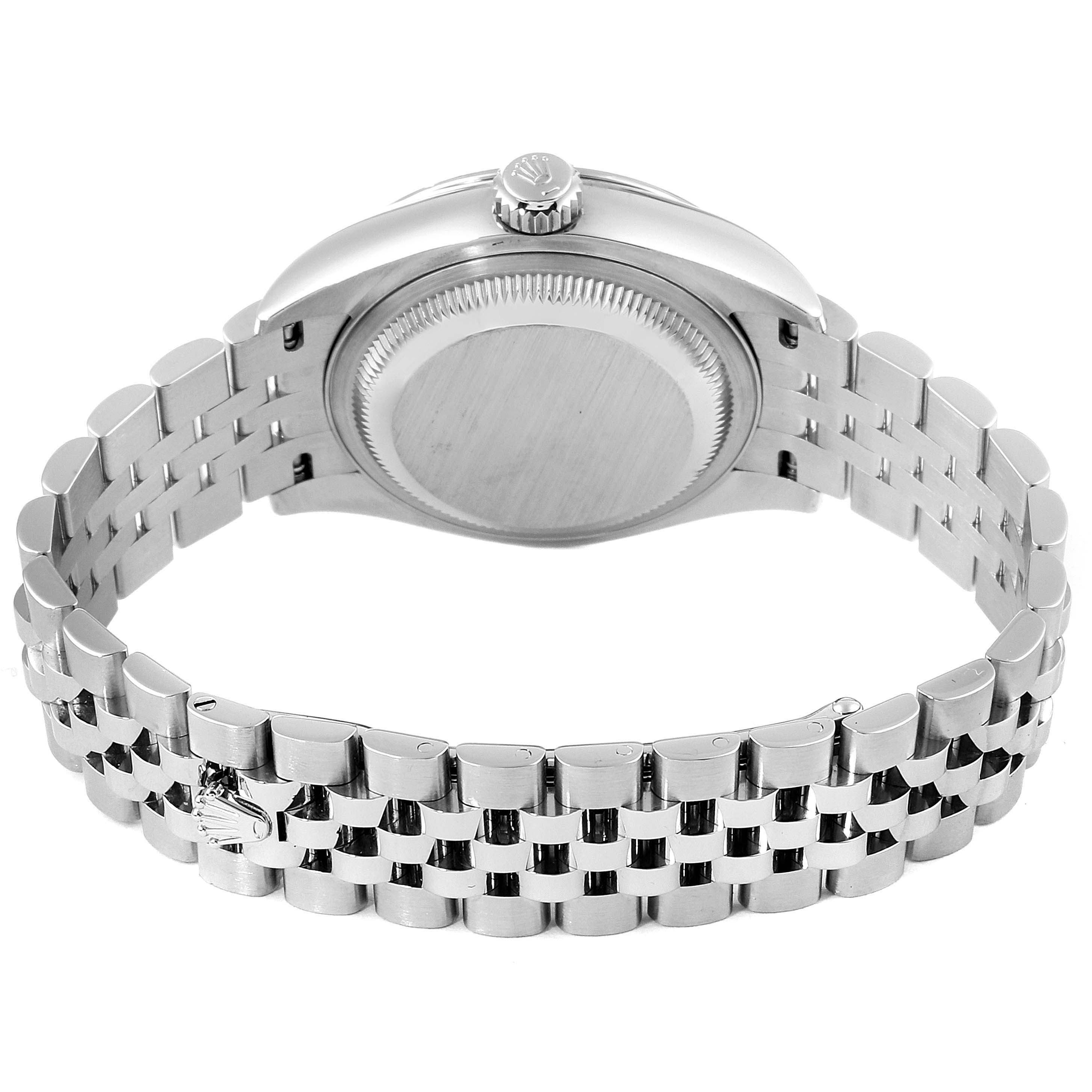 The image shows the back view of a Rolex Datejust 279174 Women
s Stainless Steel Silver Dial 279174 Women
s Stainless Steel Silver Dial watch, highlighting the case back, crown, and bracelet.