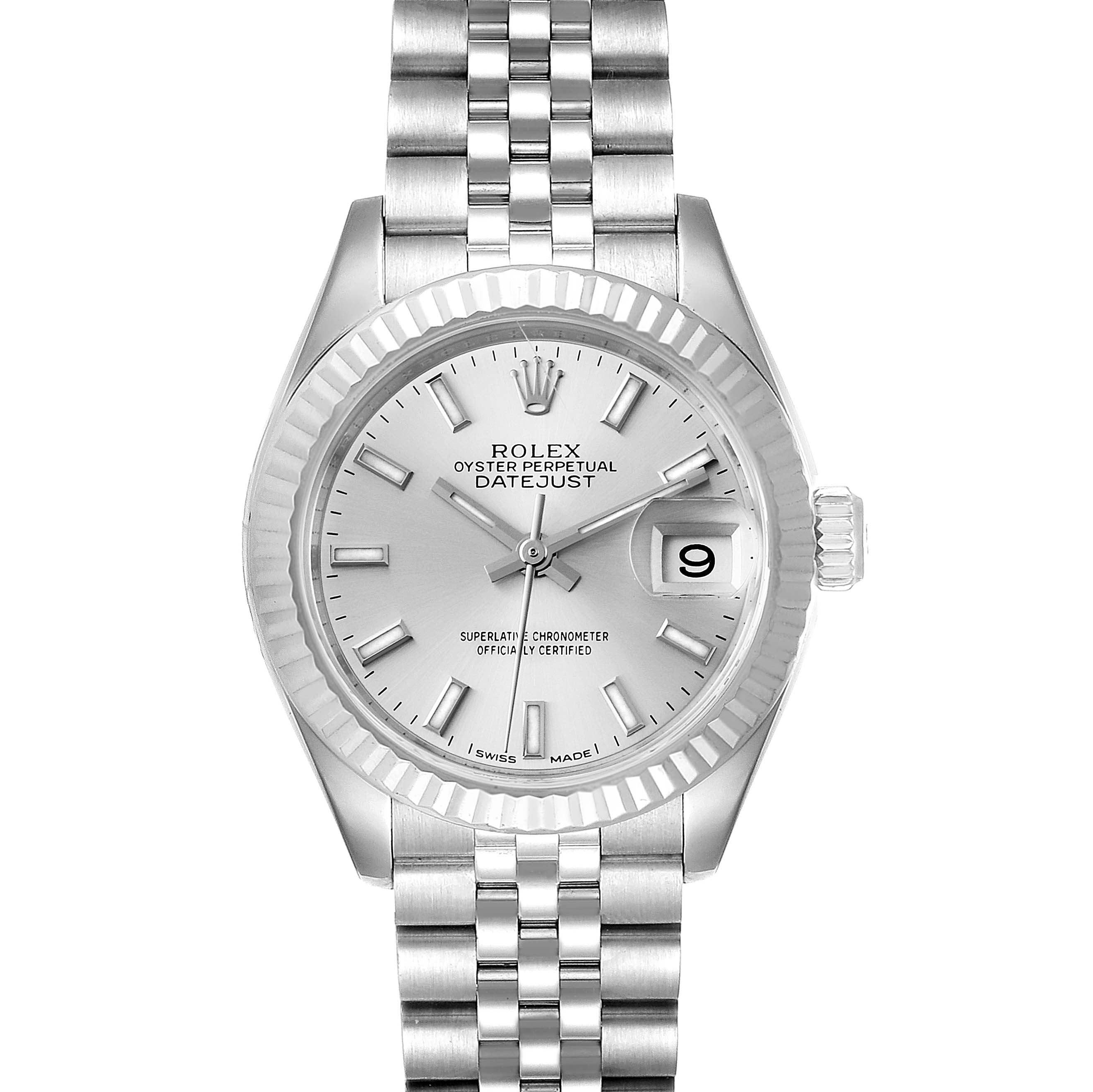 This image showcases a front view of a Rolex Datejust 279174 Women
s Stainless Steel Silver Dial 279174 Women
s Stainless Steel Silver Dial watch, displaying its dial, bezel, and bracelet.