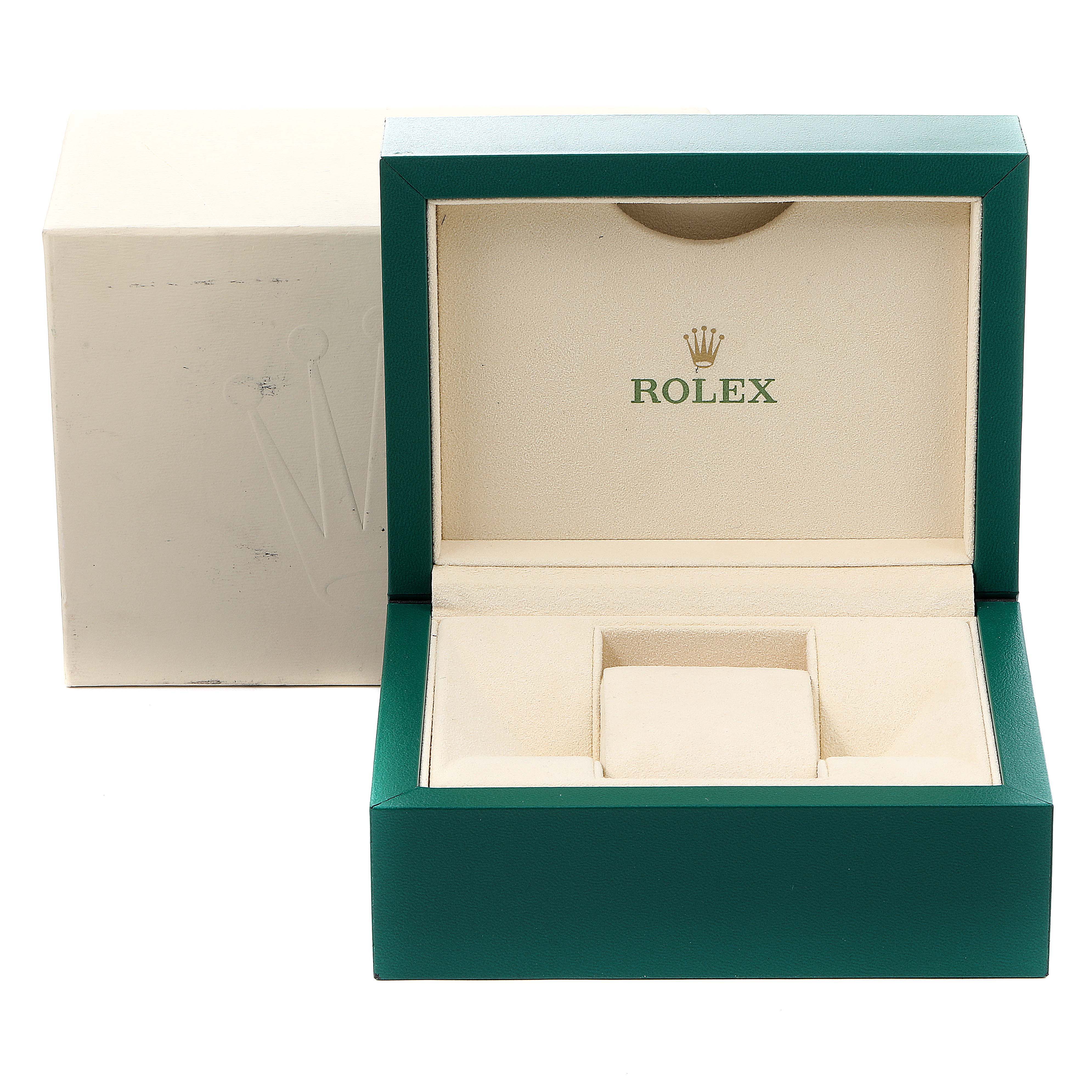 The image shows an open green Rolex box, likely for a Datejust model watch, with the Rolex logo inside and the outer white packaging.