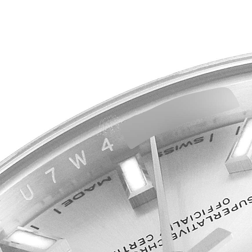 This image shows a close-up of the dial and part of the bezel of a Rolex Datejust 279174 Women
s Stainless Steel Silver Dial 279174 Women
s Stainless Steel Silver Dial watch.