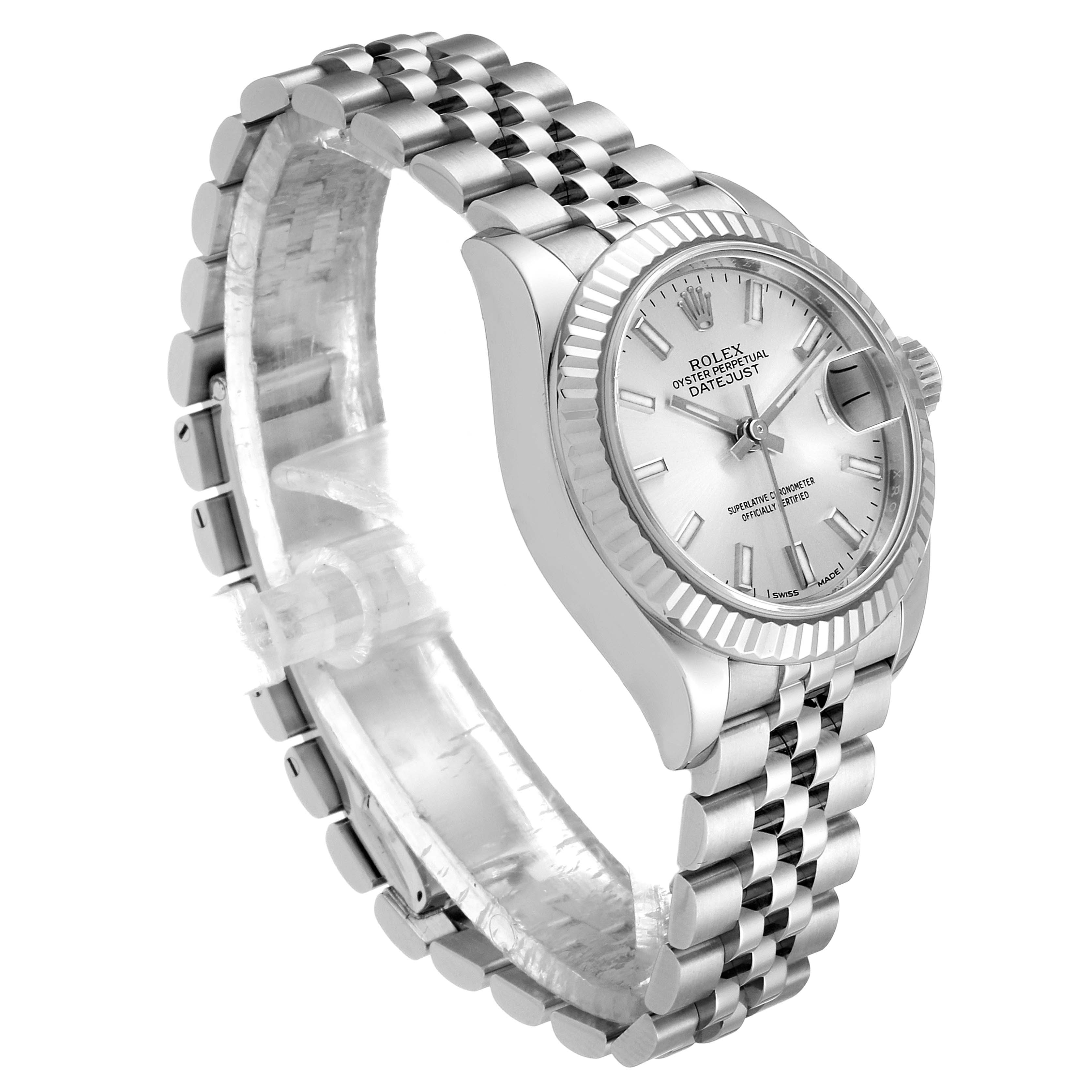 The Rolex Datejust 279174 Women
s Stainless Steel Silver Dial 279174 Women
s Stainless Steel Silver Dial watch is shown at an angled view displaying its silver dial, fluted bezel, and jubilee bracelet.