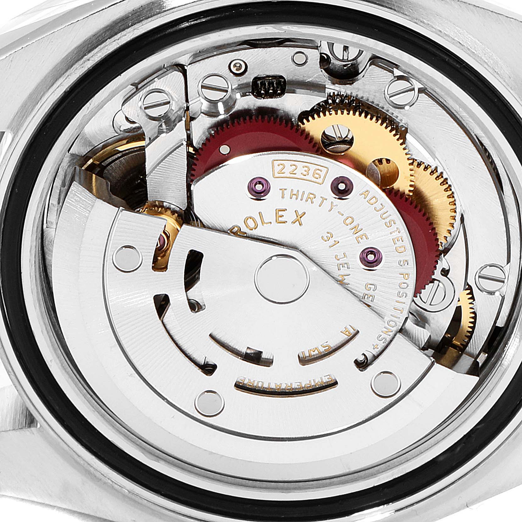 This image shows the internal movement mechanisms of a Rolex Datejust 279174 Women
s Stainless Steel Silver Dial 279174 Women
s Stainless Steel Silver Dial watch, captured from the back case view.