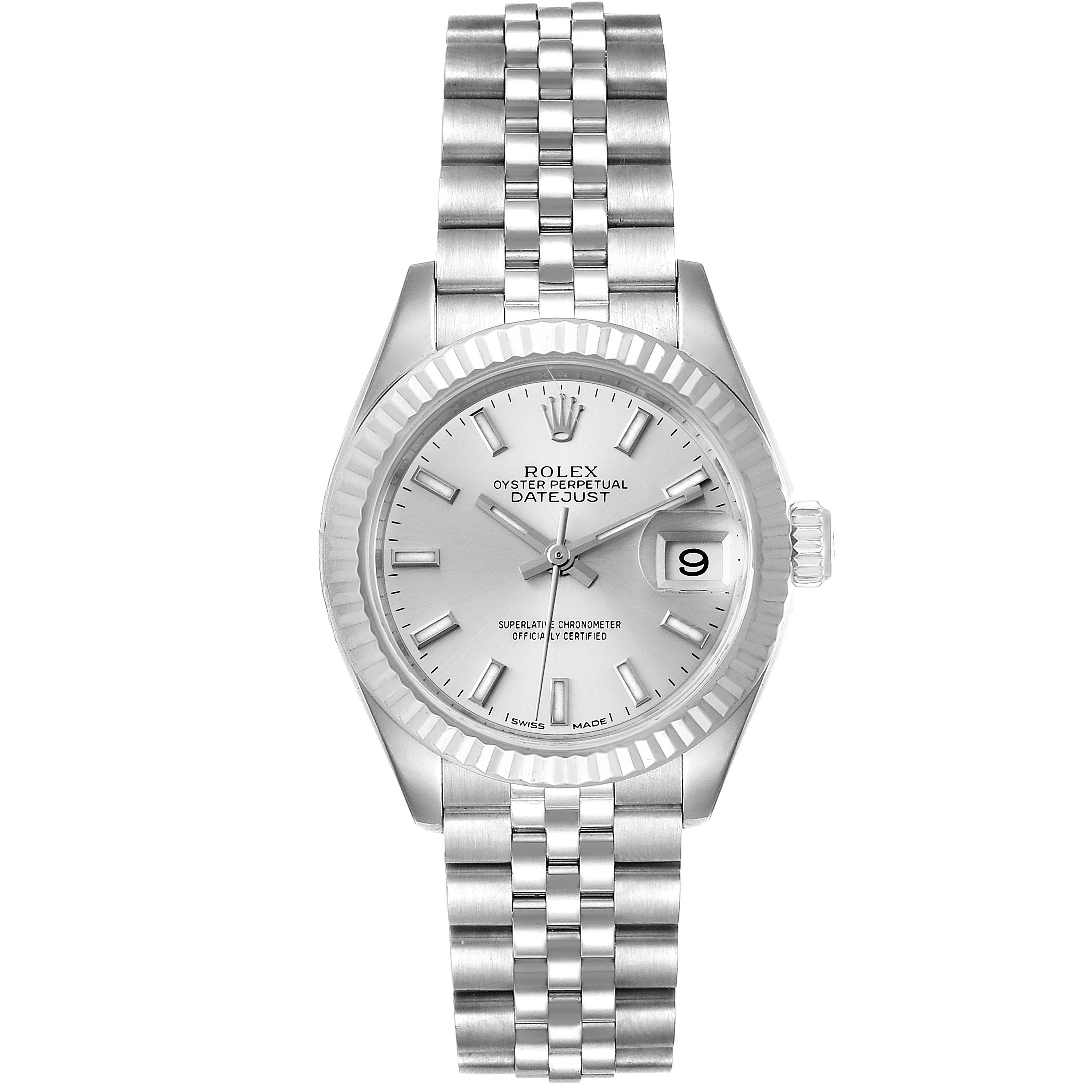 The image shows a front view of a Rolex Datejust 279174 Women
s Stainless Steel Silver Dial 279174 Women
s Stainless Steel Silver Dial watch, displaying the dial, bezel, crown, and bracelet.