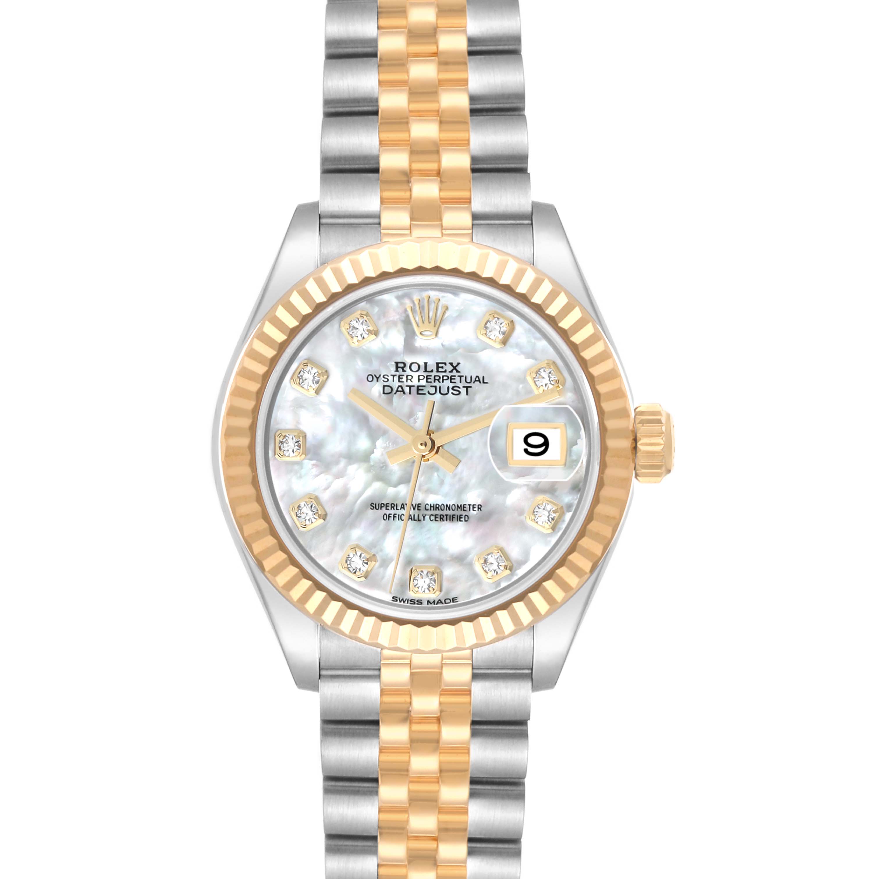 This image shows the front view of a Rolex Datejust 279173 Women's Steel and Gold (two tone) Mother of Pearl Dial 279173 Women's Steel and Gold (two tone) Mother of Pearl Dial watch, highlighting its dial, bezel, and two-tone bracelet.