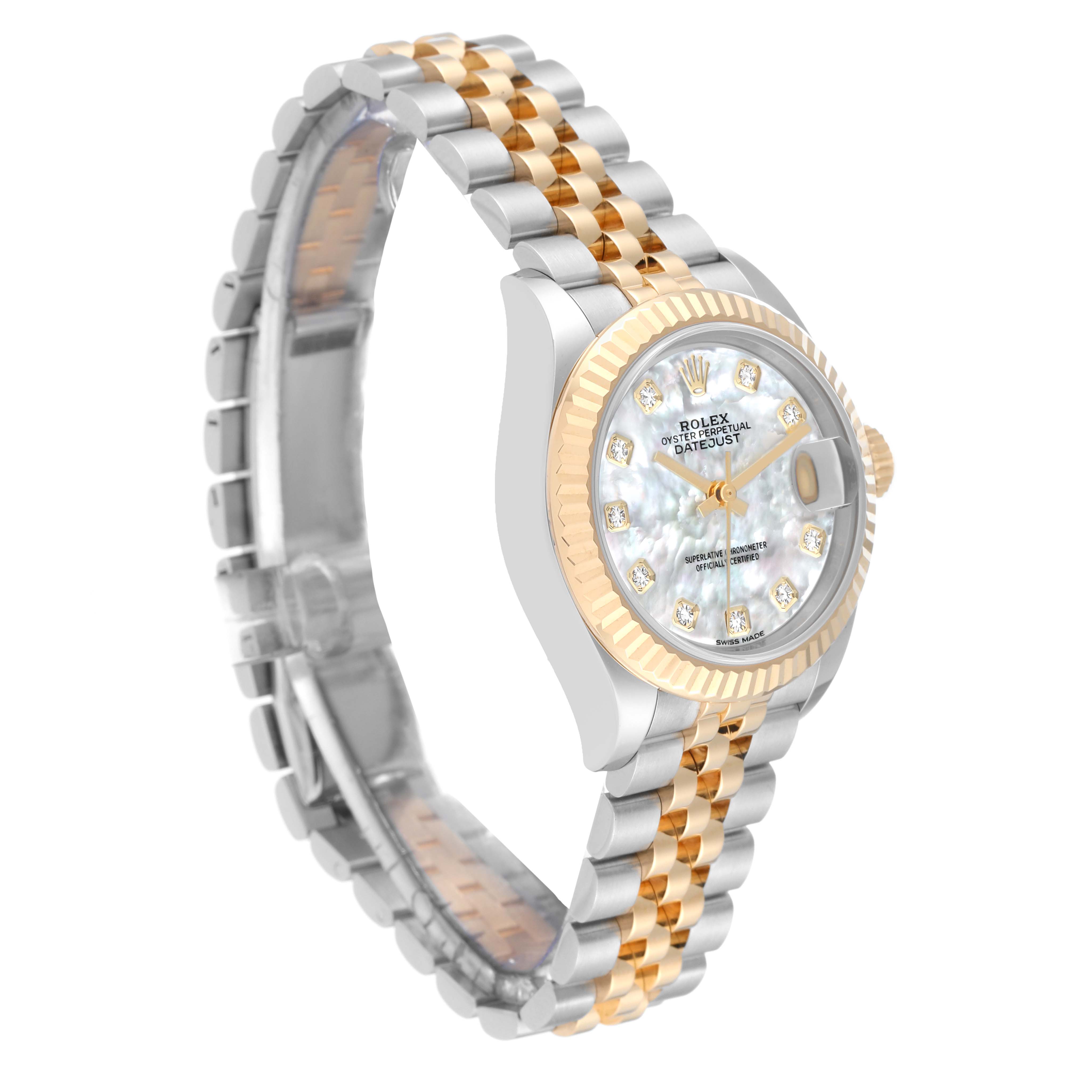 The image shows a side angle of a Rolex Datejust 279173 Women's Steel and Gold (two tone) Mother of Pearl Dial 279173 Women's Steel and Gold (two tone) Mother of Pearl Dial watch, highlighting its two-tone bracelet and diamond-accented dial.