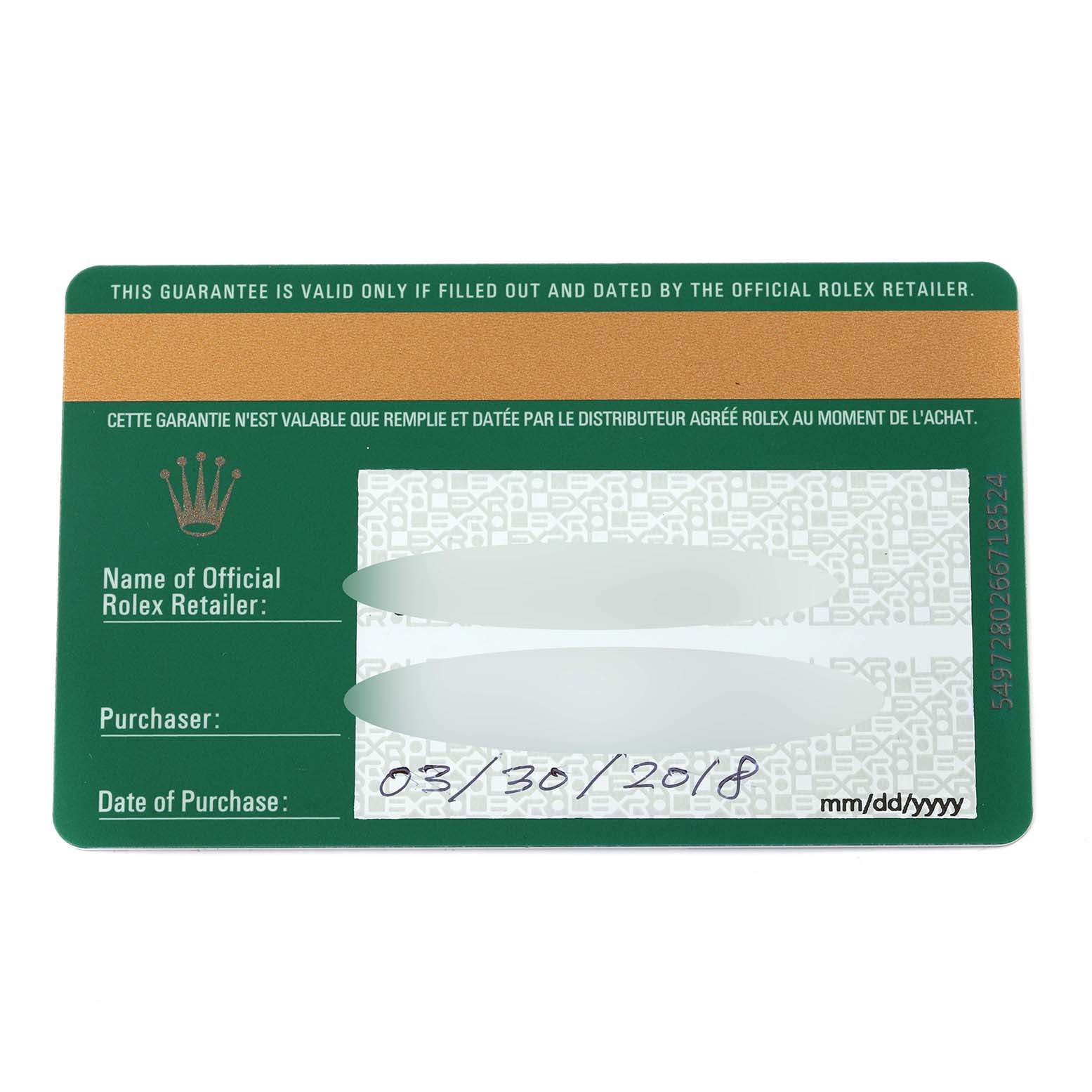 This image shows a guarantee card for a Rolex Datejust 279173 Women's Steel and Gold (two tone) Mother of Pearl Dial 279173 Women's Steel and Gold (two tone) Mother of Pearl Dial model, featuring purchase details and the retailer's name.