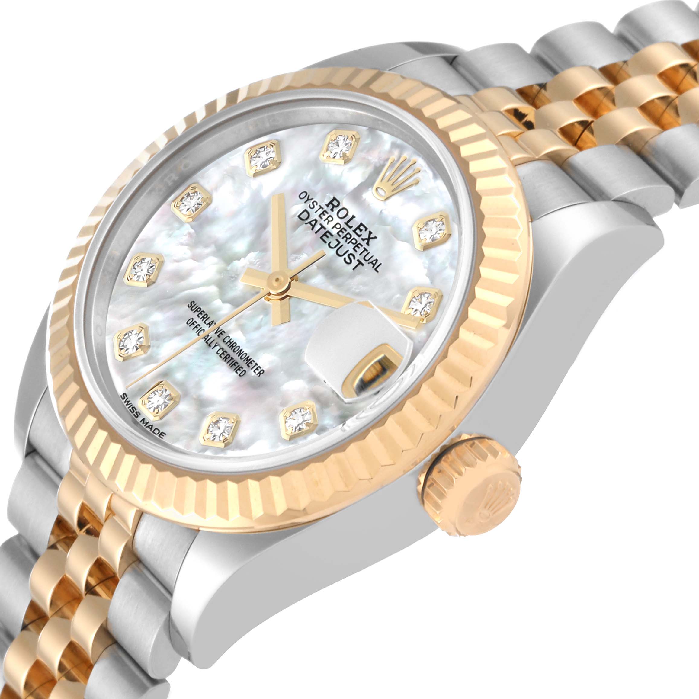 The image shows a close-up, angled view of the Rolex Datejust 279173 Women's Steel and Gold (two tone) Mother of Pearl Dial 279173 Women's Steel and Gold (two tone) Mother of Pearl Dial watch, highlighting its bezel, dial, crown, and partial bracelet.