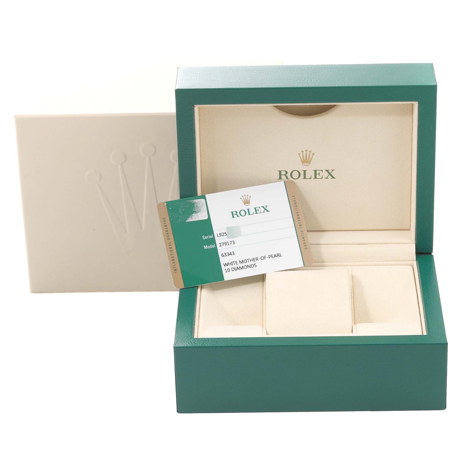 A Rolex Datejust 279173 Women's Steel and Gold (two tone) Mother of Pearl Dial 279173 Women's Steel and Gold (two tone) Mother of Pearl Dial watch box is open, displaying the interior and an accompanying certificate card.