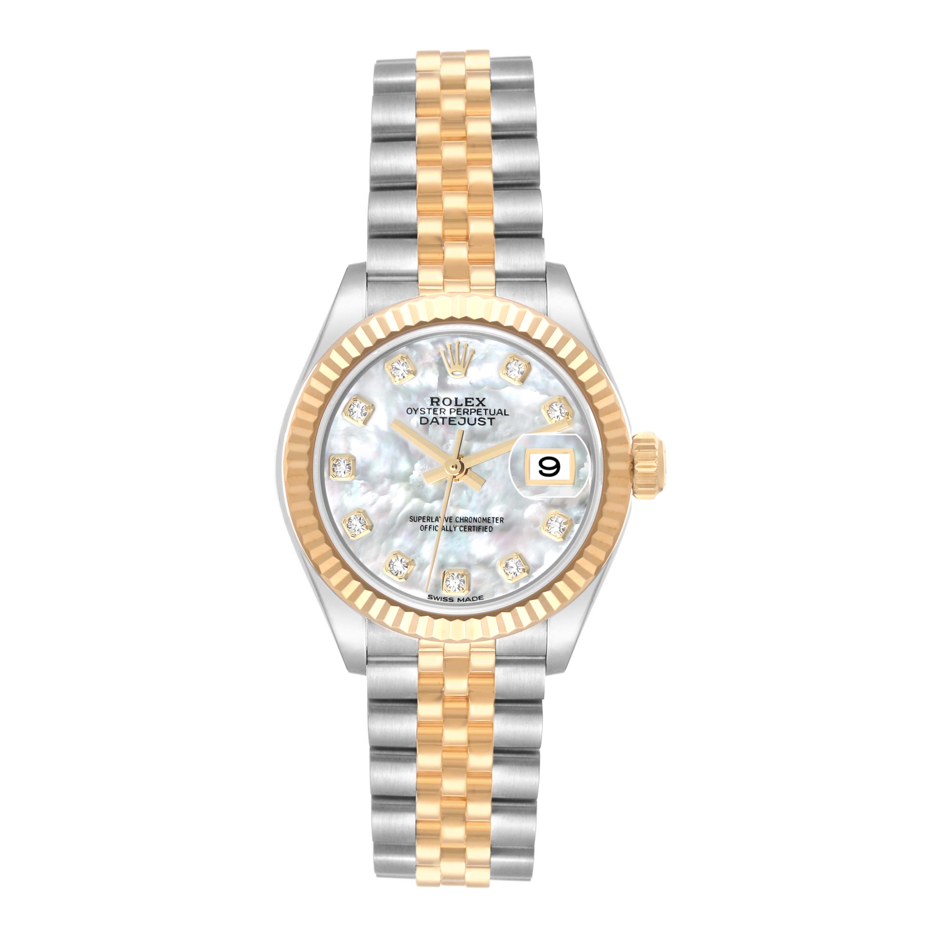 The Rolex Datejust 279173 Women's Steel and Gold (two tone) Mother of Pearl Dial 279173 Women's Steel and Gold (two tone) Mother of Pearl Dial watch is shown from a front view, displaying the dial, bezel, and bracelet in silver and gold tones.