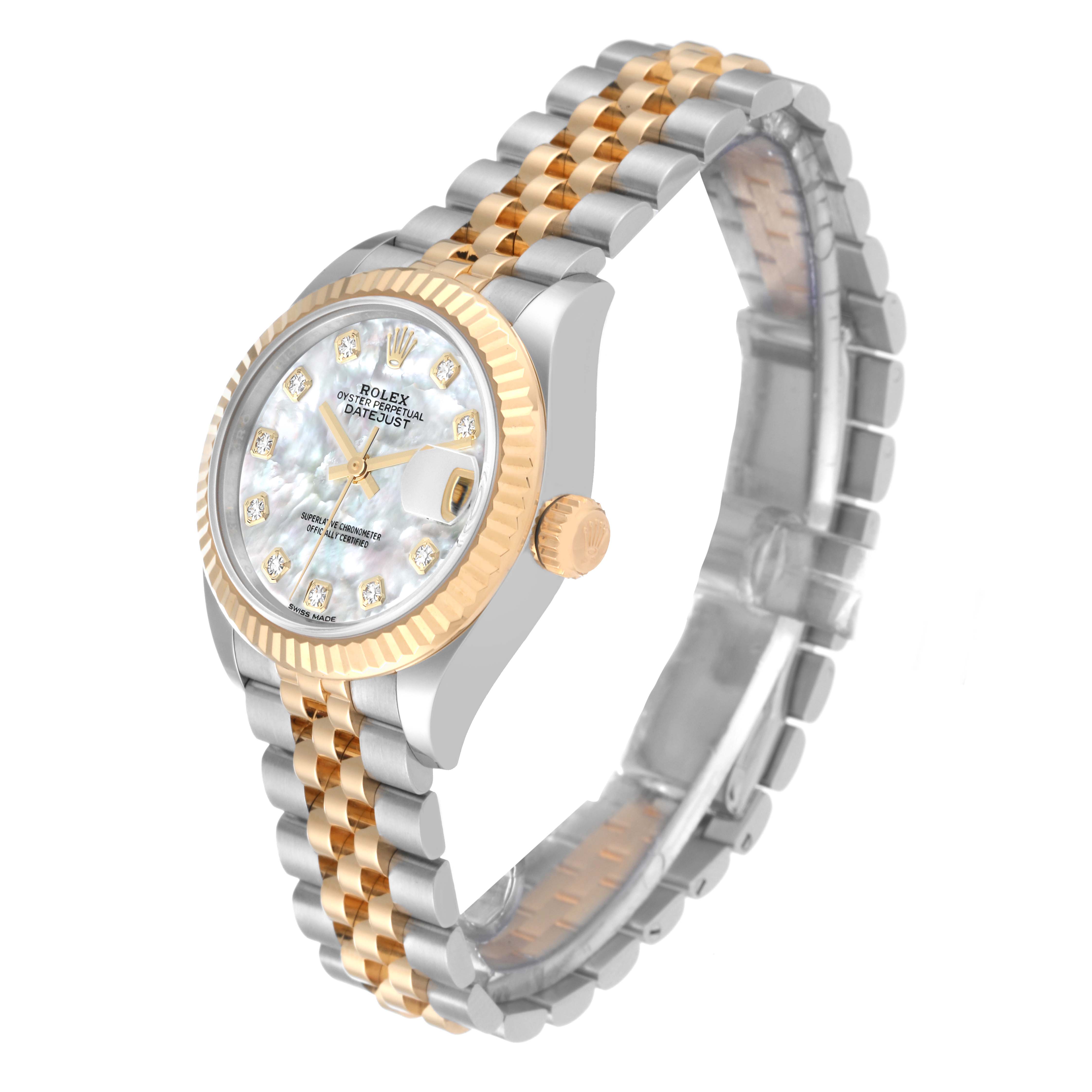 The image shows a Rolex Datejust 279173 Women's Steel and Gold (two tone) Mother of Pearl Dial 279173 Women's Steel and Gold (two tone) Mother of Pearl Dial watch at an angle, highlighting the face, bezel, crown, and bracelet.
