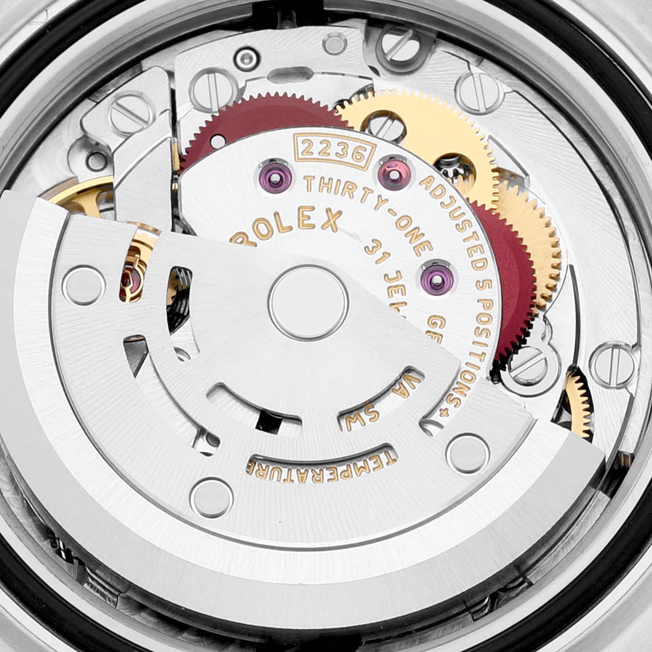 This close-up image shows the internal mechanical movement of the Rolex Datejust 279173 Women's Steel and Gold (two tone) Mother of Pearl Dial 279173 Women's Steel and Gold (two tone) Mother of Pearl Dial watch.