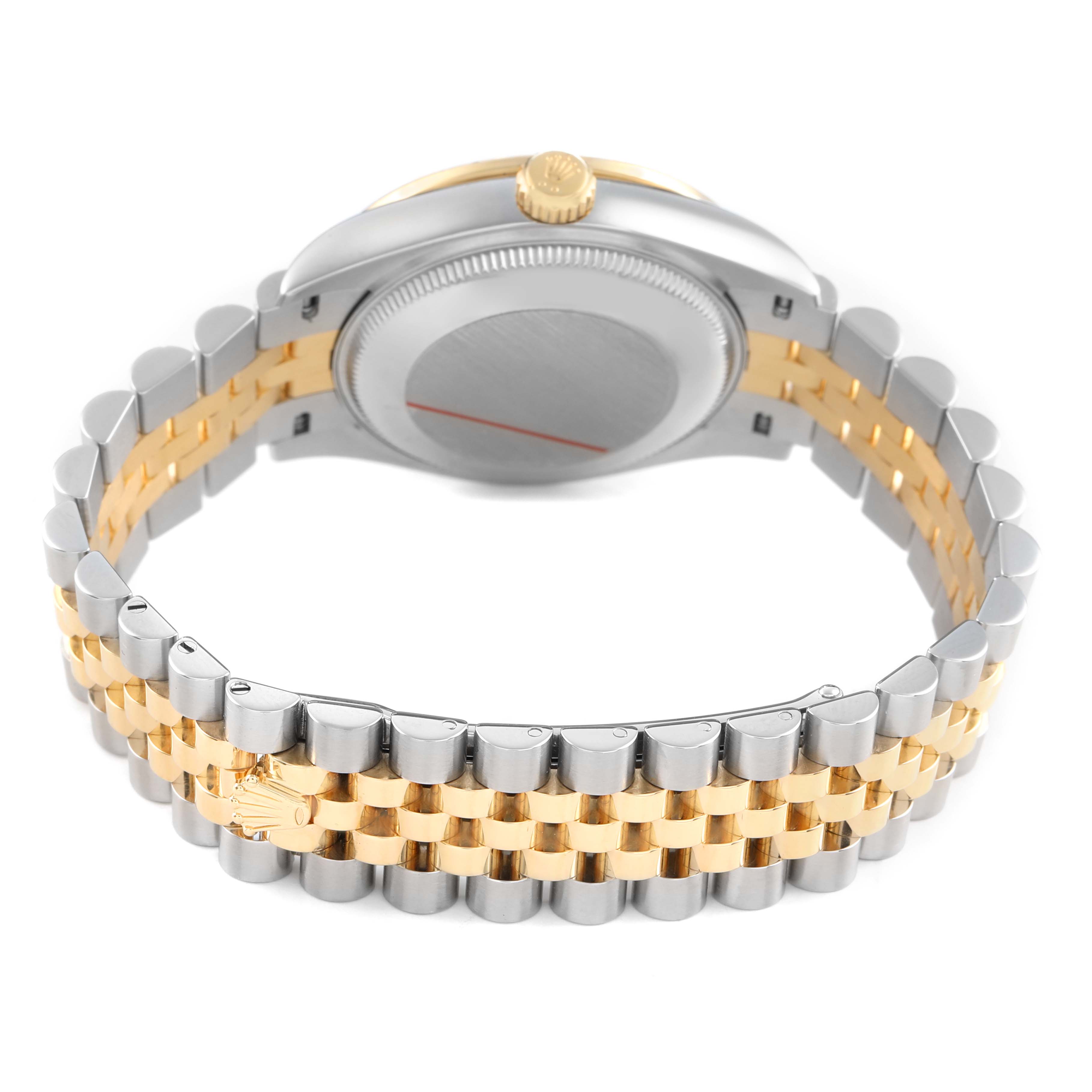 The Rolex Mid-Size 278383RBR Women's Steel and Gold (two tone) Mother of Pearl Dial model is shown from the back, featuring the case back, two-tone bracelet, and crown.