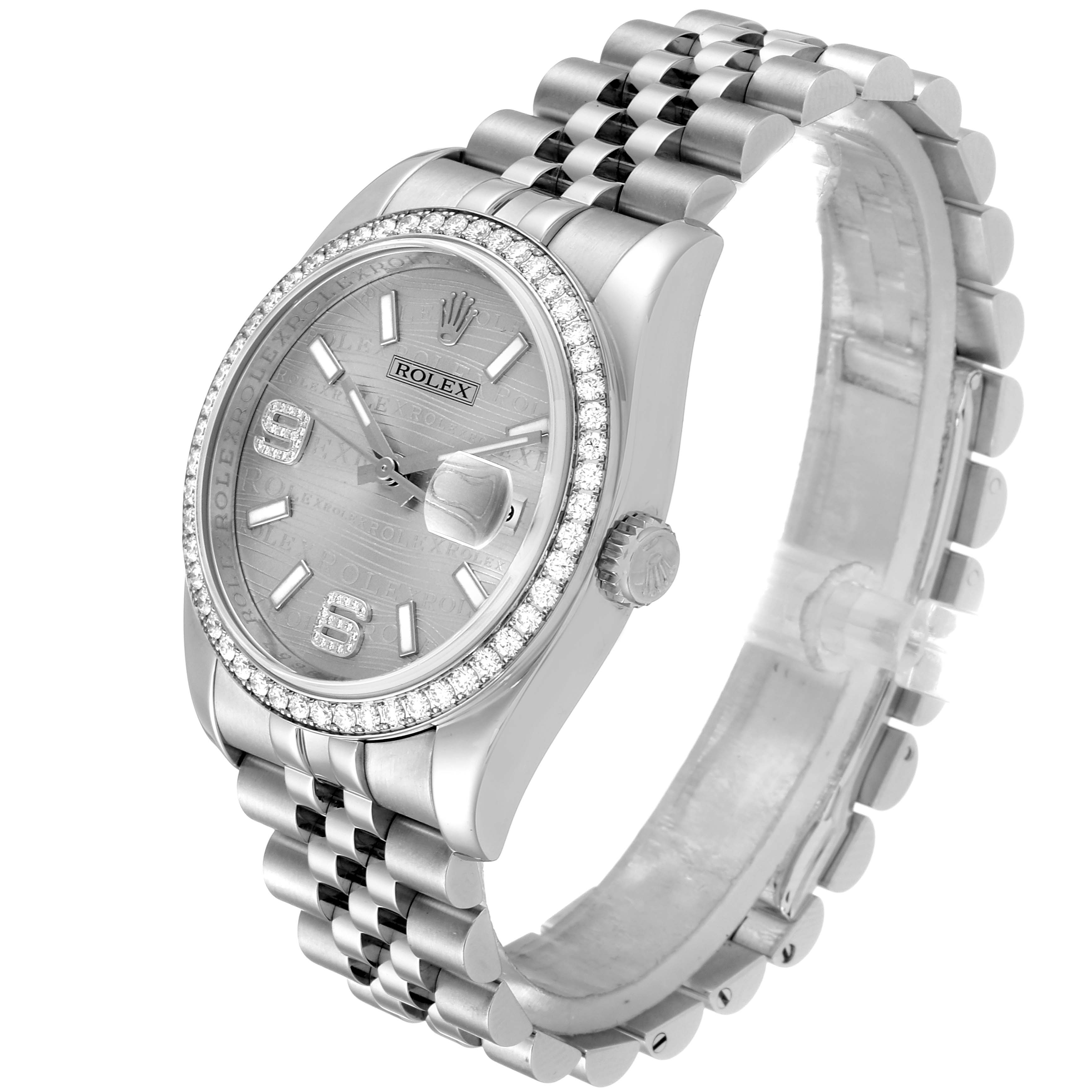 The Rolex Datejust 116244 Men's Stainless Steel Silver Dial 116244 Men's Stainless Steel Silver Dial watch is shown at a three-quarter angle, highlighting the dial, bezel, crown, and Jubilee bracelet.