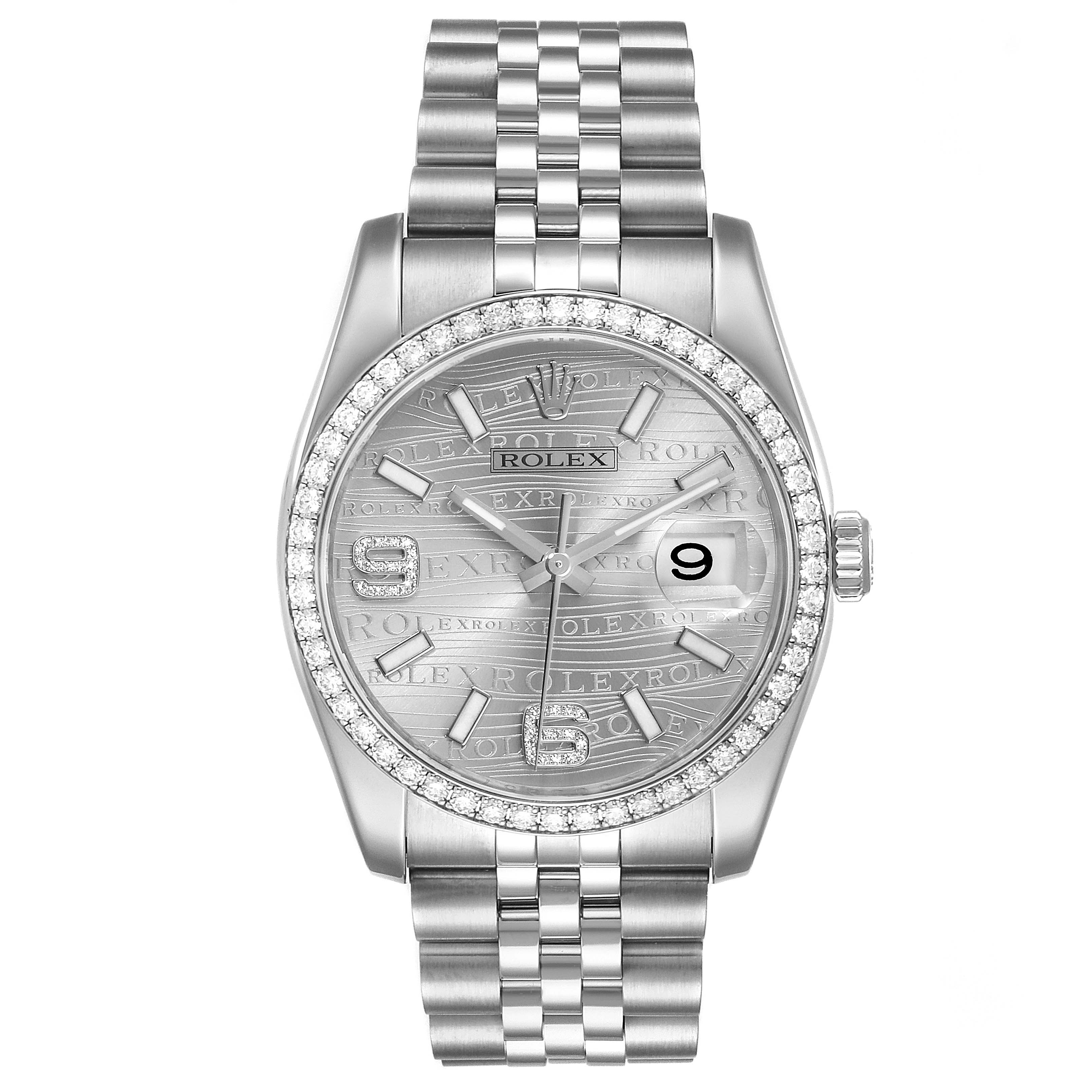 This image shows a frontal view of a Rolex Datejust 116244 Men's Stainless Steel Silver Dial 116244 Men's Stainless Steel Silver Dial watch, highlighting its dial, bezel, bracelet, and crown.