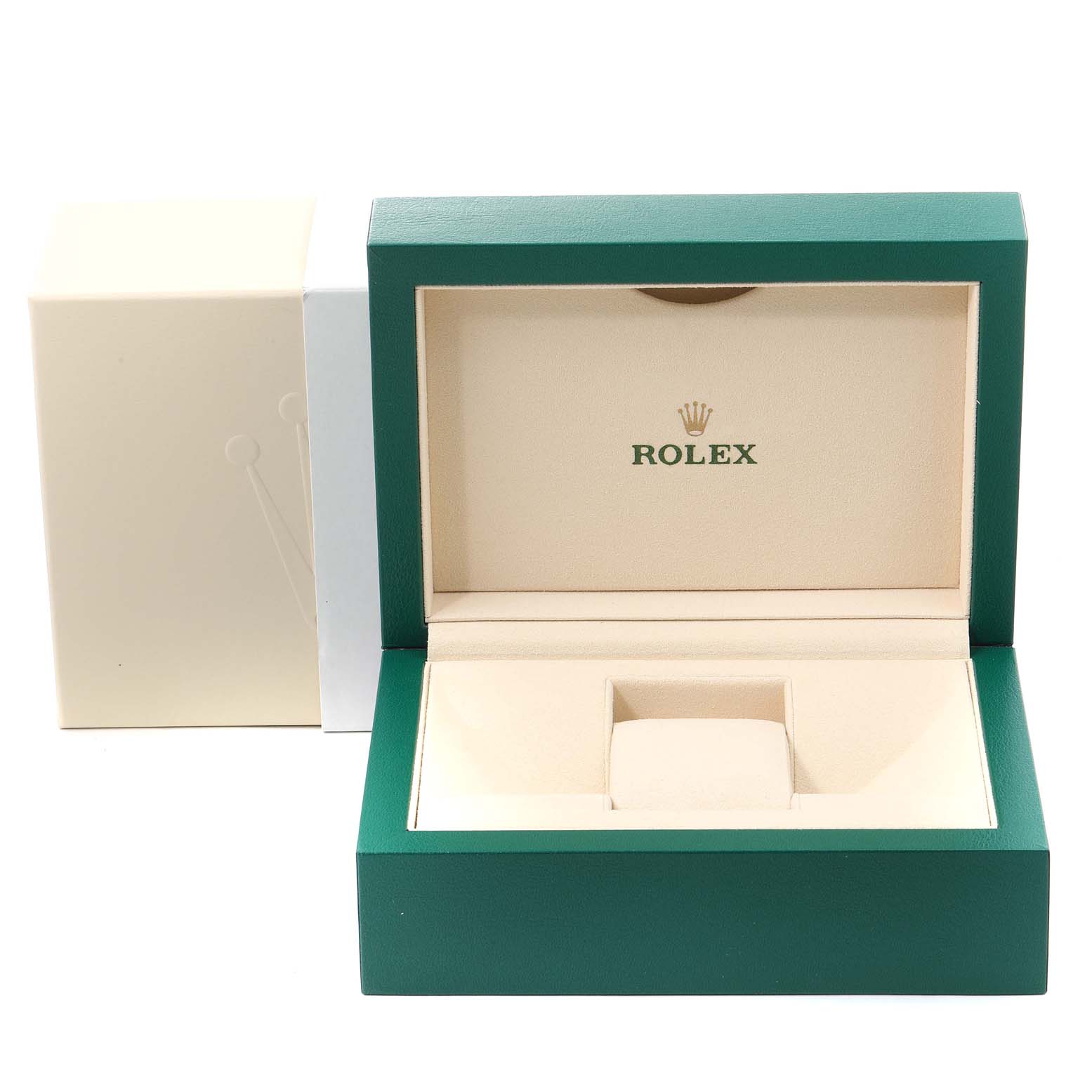 This image shows the open green and beige box for a Rolex Datejust 116244 Men's Stainless Steel Silver Dial 116244 Men's Stainless Steel Silver Dial watch, viewed from the front.