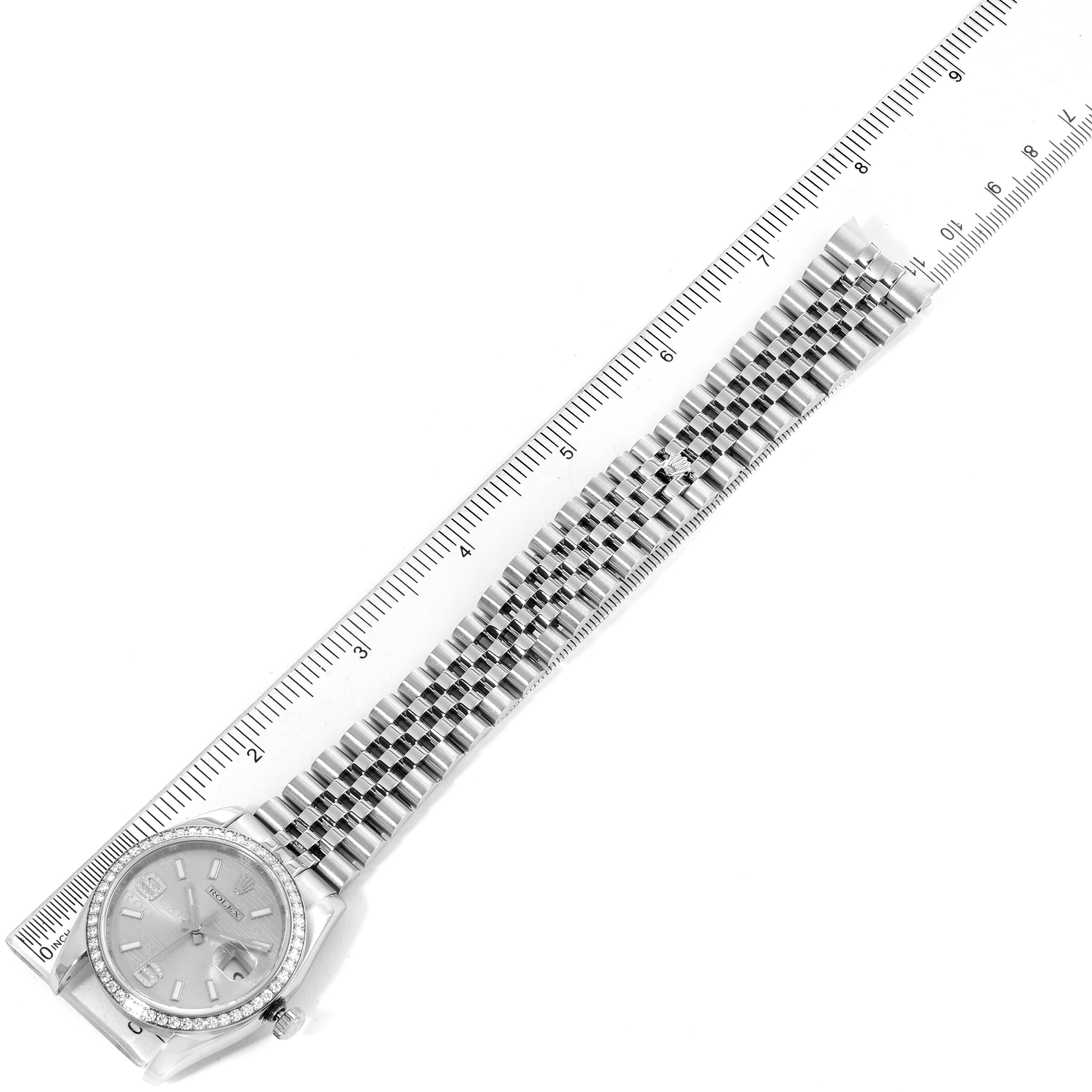 The image shows a Rolex Datejust 116244 Men's Stainless Steel Silver Dial 116244 Men's Stainless Steel Silver Dial watch laid flat with a ruler, highlighting the bracelet and dial from a top-down angle.