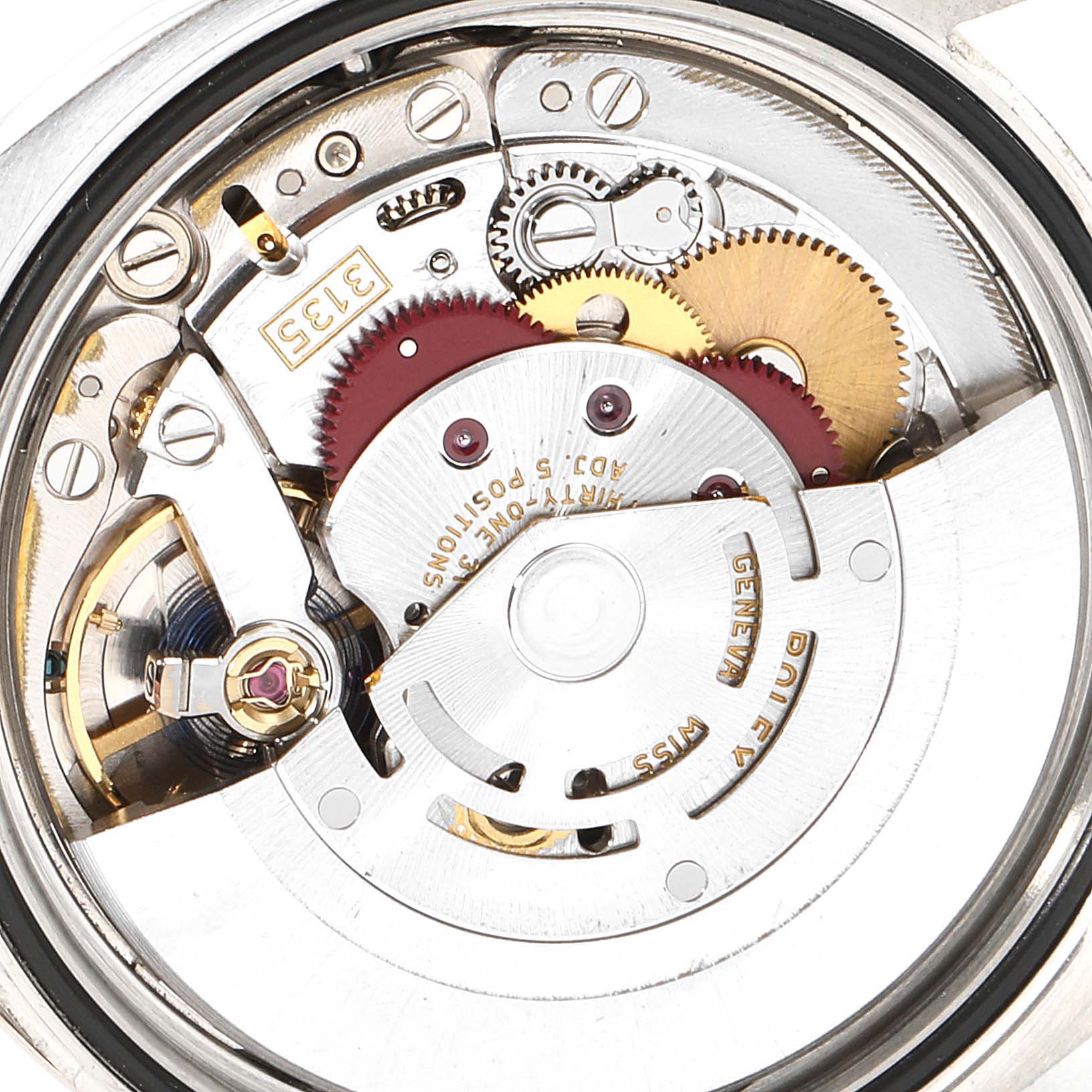 The image shows the internal movement mechanism of a Rolex Datejust 116244 Men's Stainless Steel Silver Dial 116244 Men's Stainless Steel Silver Dial model watch from a top-down angle.