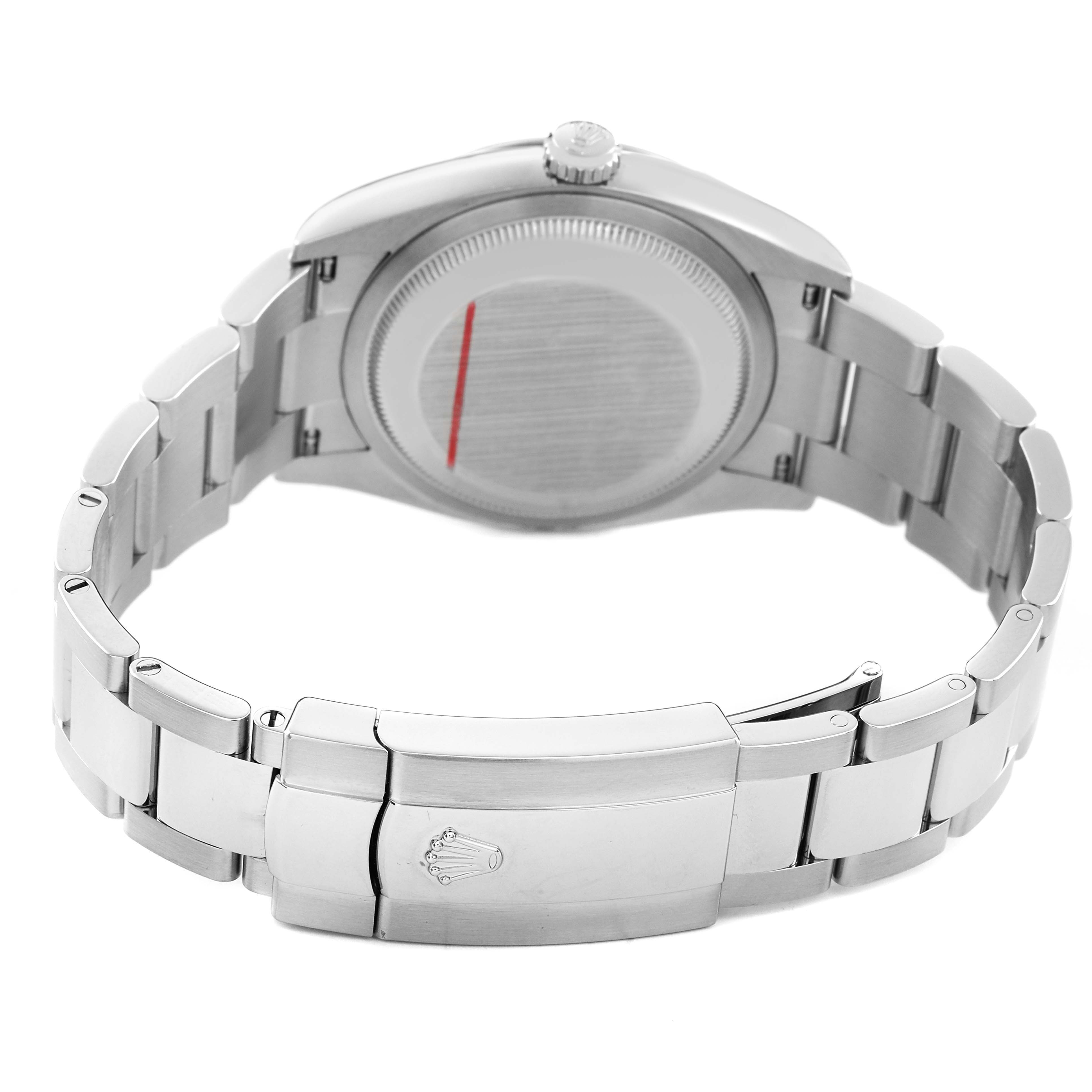 The image shows the back view of a Rolex Datejust 126200 Men's Stainless Steel Blue Dial, highlighting the bracelet, clasp, and case back.