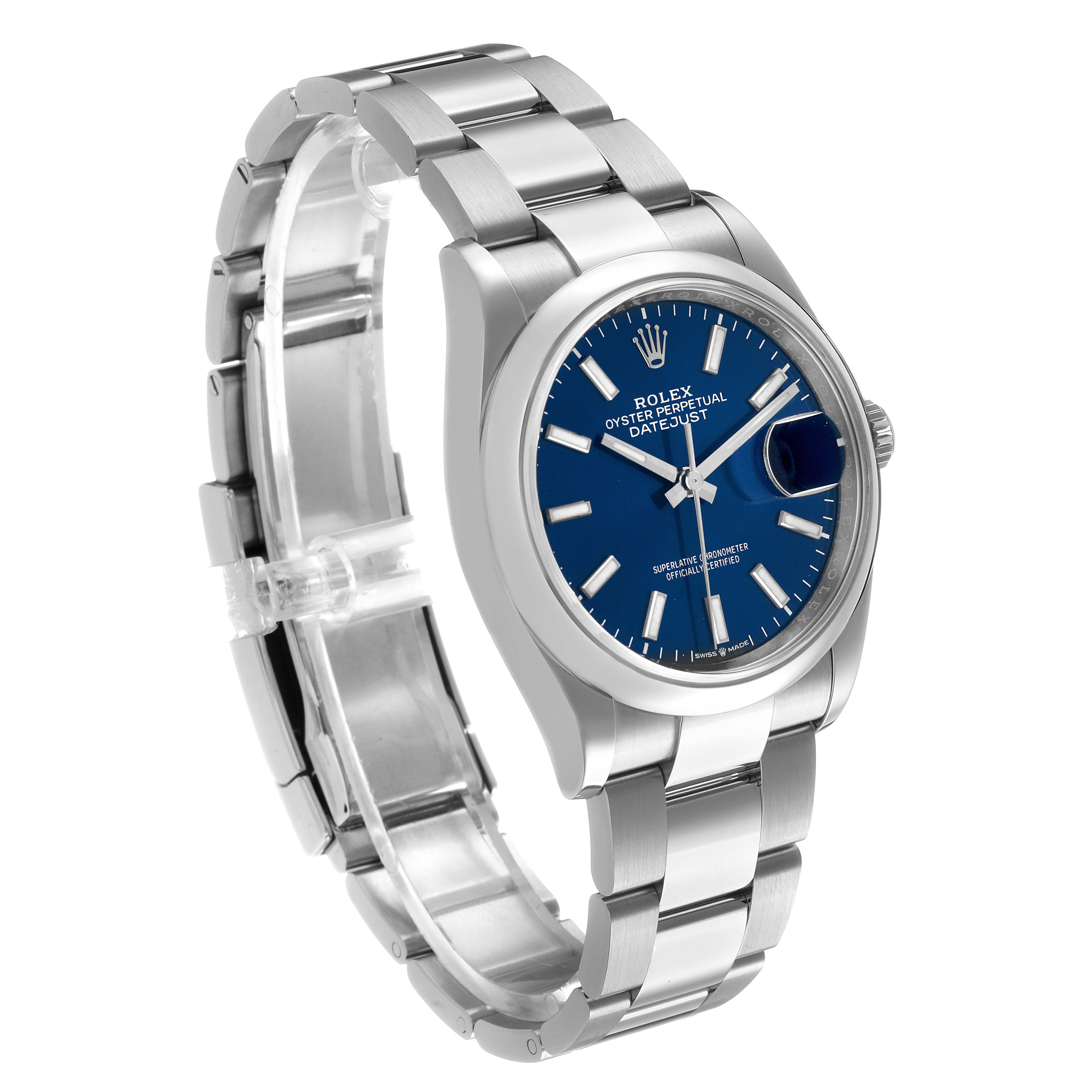 This Rolex Datejust 126200 Men's Stainless Steel Blue Dial watch is shown at a three-quarter angle, displaying the dial, bezel, bracelet, and crown.