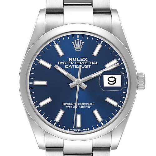 The Rolex Datejust 126200 Men's Stainless Steel Blue Dial watch is shown from a front angle, highlighting the blue dial, hands, markers, date window, and part of the bracelet.