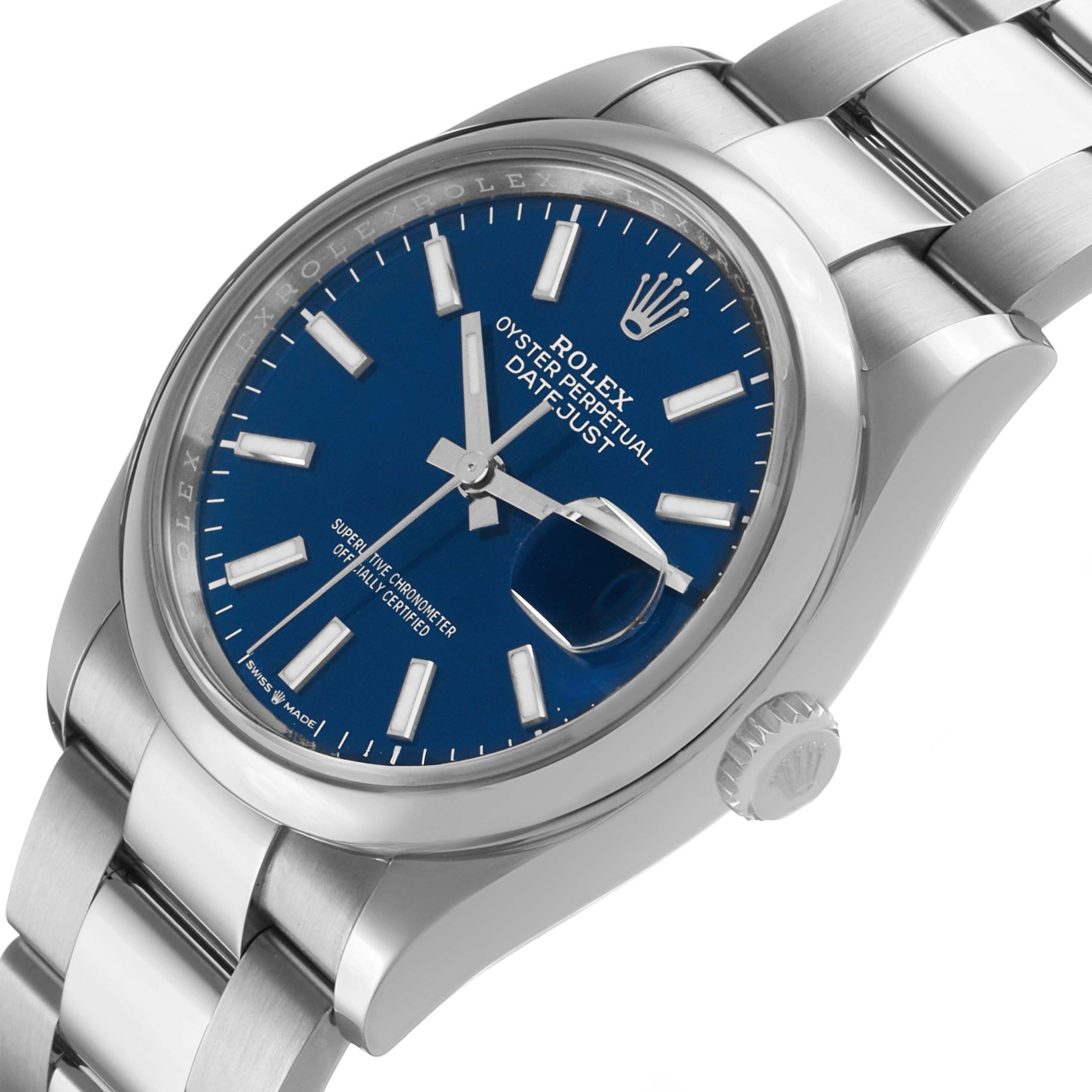 The Rolex Datejust 126200 Men's Stainless Steel Blue Dial watch is shown at an angled close-up, highlighting the blue dial, crown, and a portion of the bracelet.