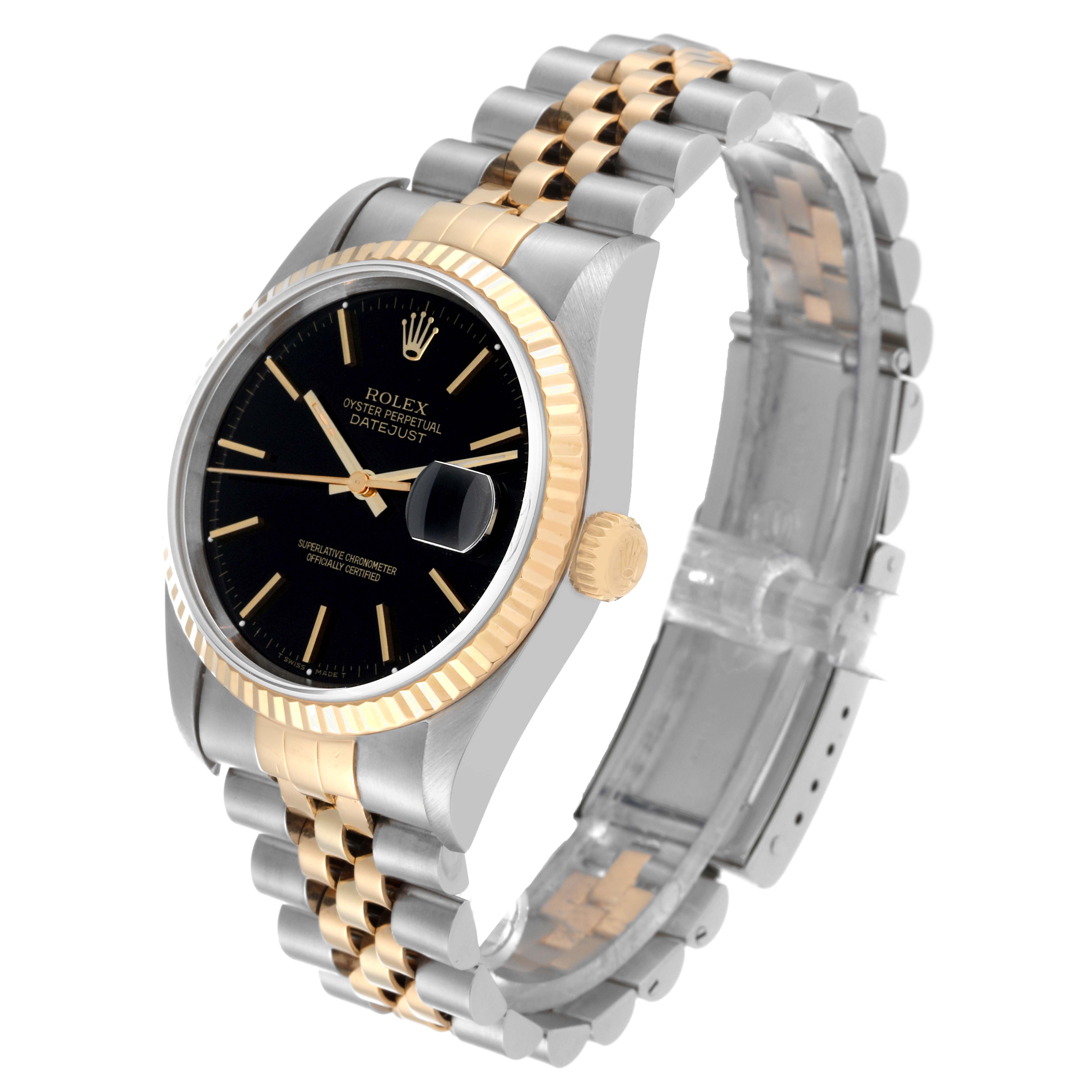The image shows a Rolex Datejust 16233 Men's Steel and Gold (two tone) Black Dial 16233 Men's Steel and Gold (two tone) Black Dial watch at a three-quarter angle, featuring its black dial, two-tone Jubilee bracelet, and fluted bezel.
