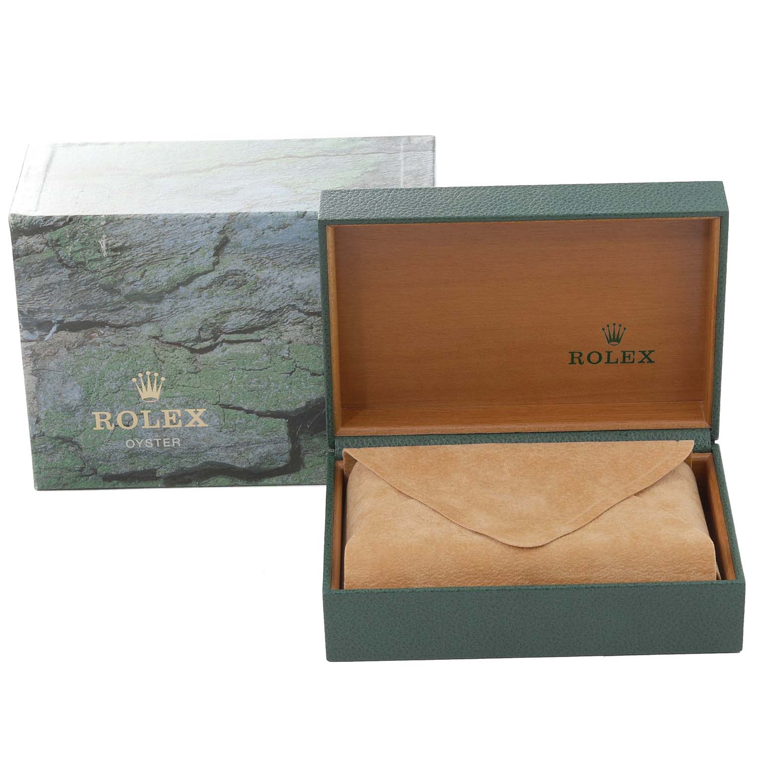 The image shows the packaging box and inner case for a Rolex Datejust 16233 Men's Steel and Gold (two tone) Black Dial 16233 Men's Steel and Gold (two tone) Black Dial watch.