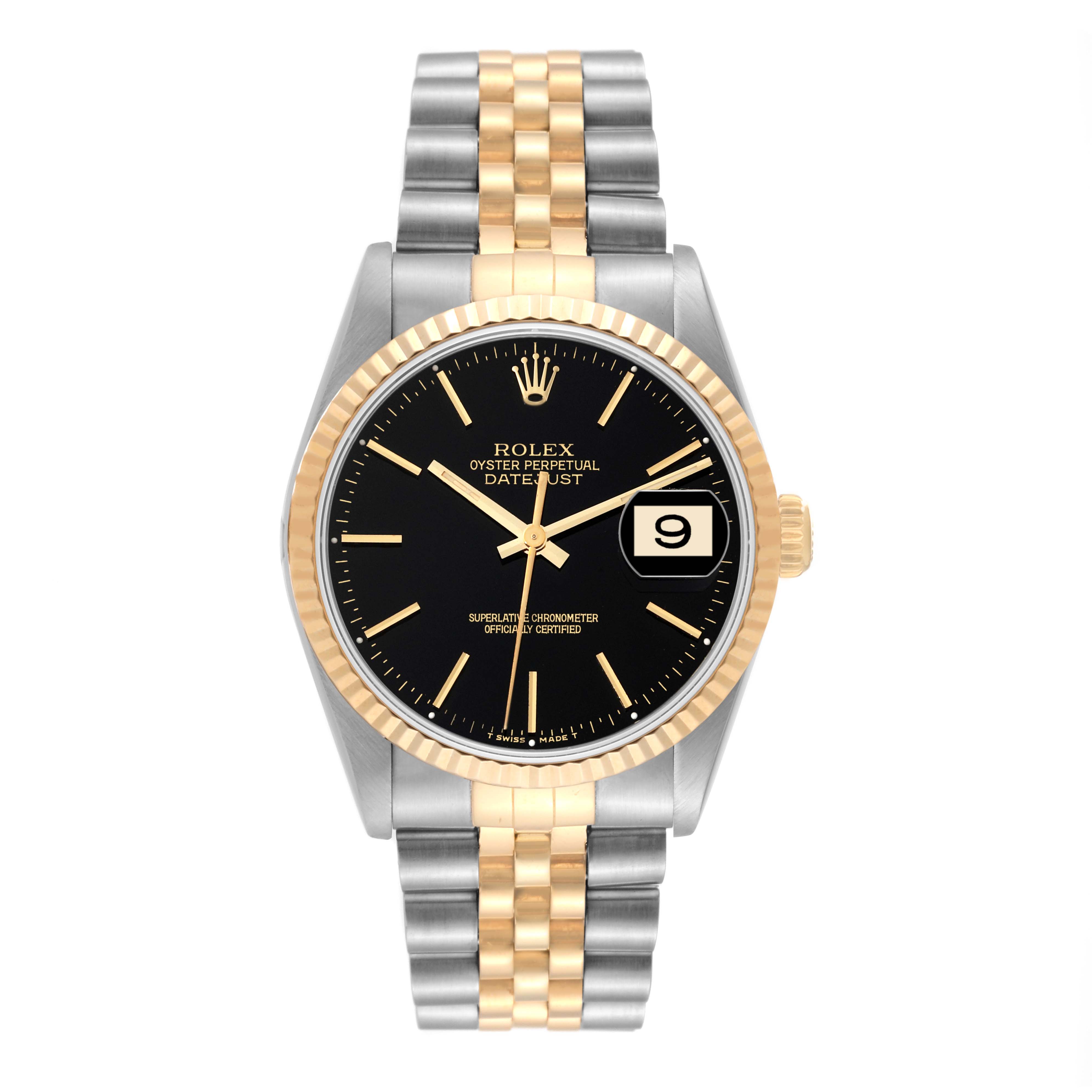 The image shows a front view of a Rolex Datejust 16233 Men's Steel and Gold (two tone) Black Dial 16233 Men's Steel and Gold (two tone) Black Dial watch, featuring a black dial, gold bezel, and two-tone metal bracelet.
