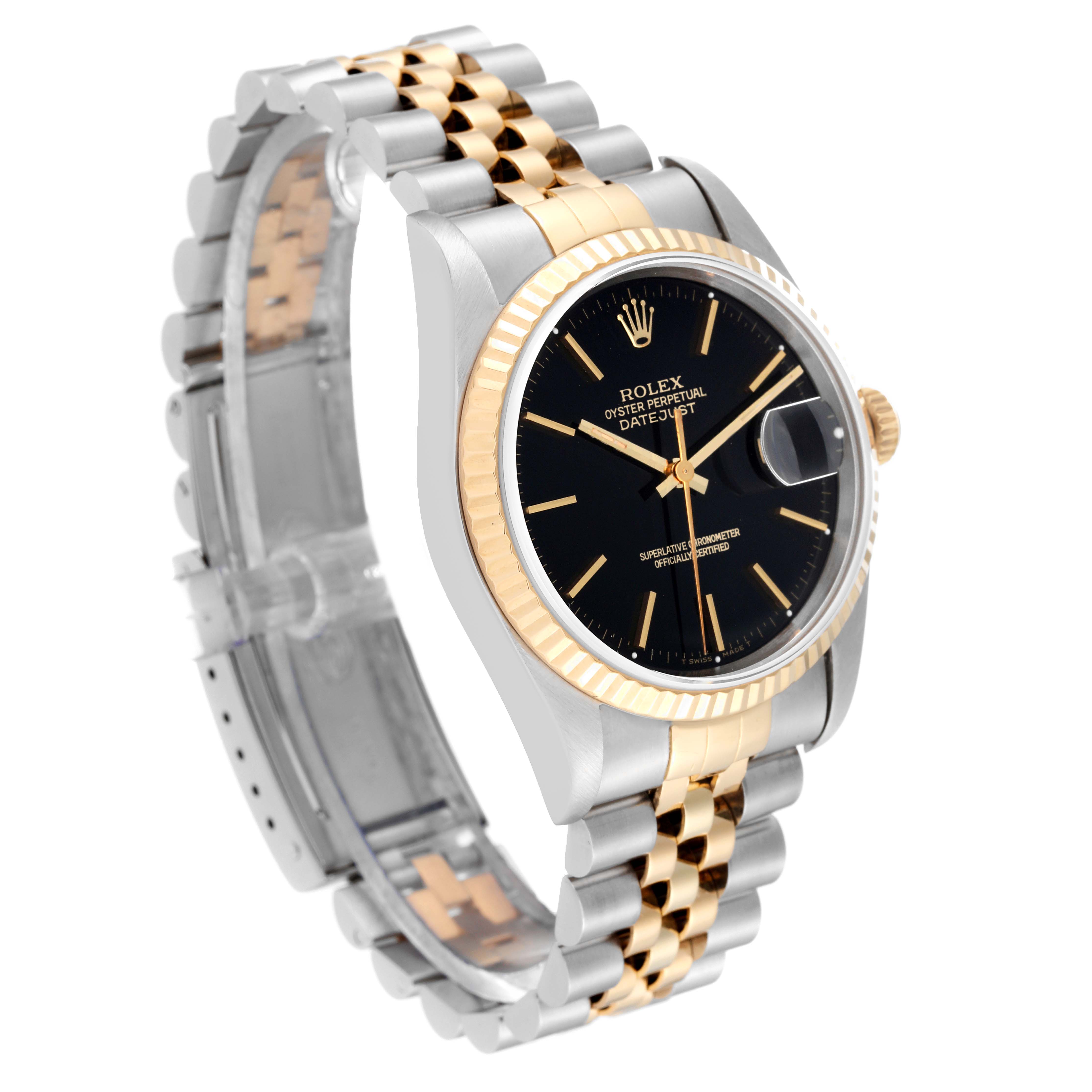 The Rolex Datejust 16233 Men's Steel and Gold (two tone) Black Dial 16233 Men's Steel and Gold (two tone) Black Dial watch is shown at a three-quarter angle, displaying the face, bezel, and two-tone bracelet.