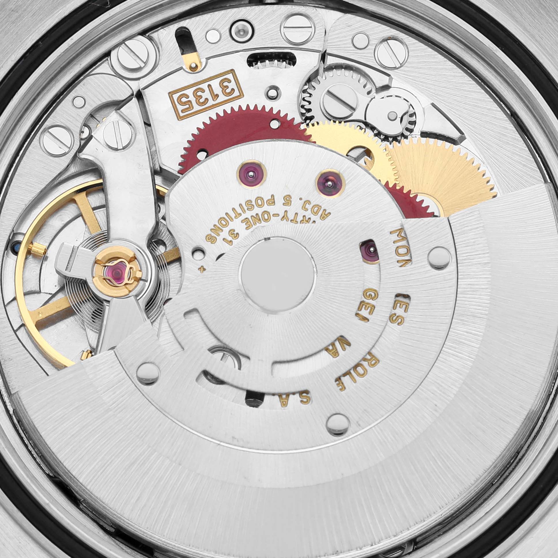 The image shows a close-up view of the internal movement components of a Rolex Datejust 16233 Men's Steel and Gold (two tone) Black Dial 16233 Men's Steel and Gold (two tone) Black Dial watch.