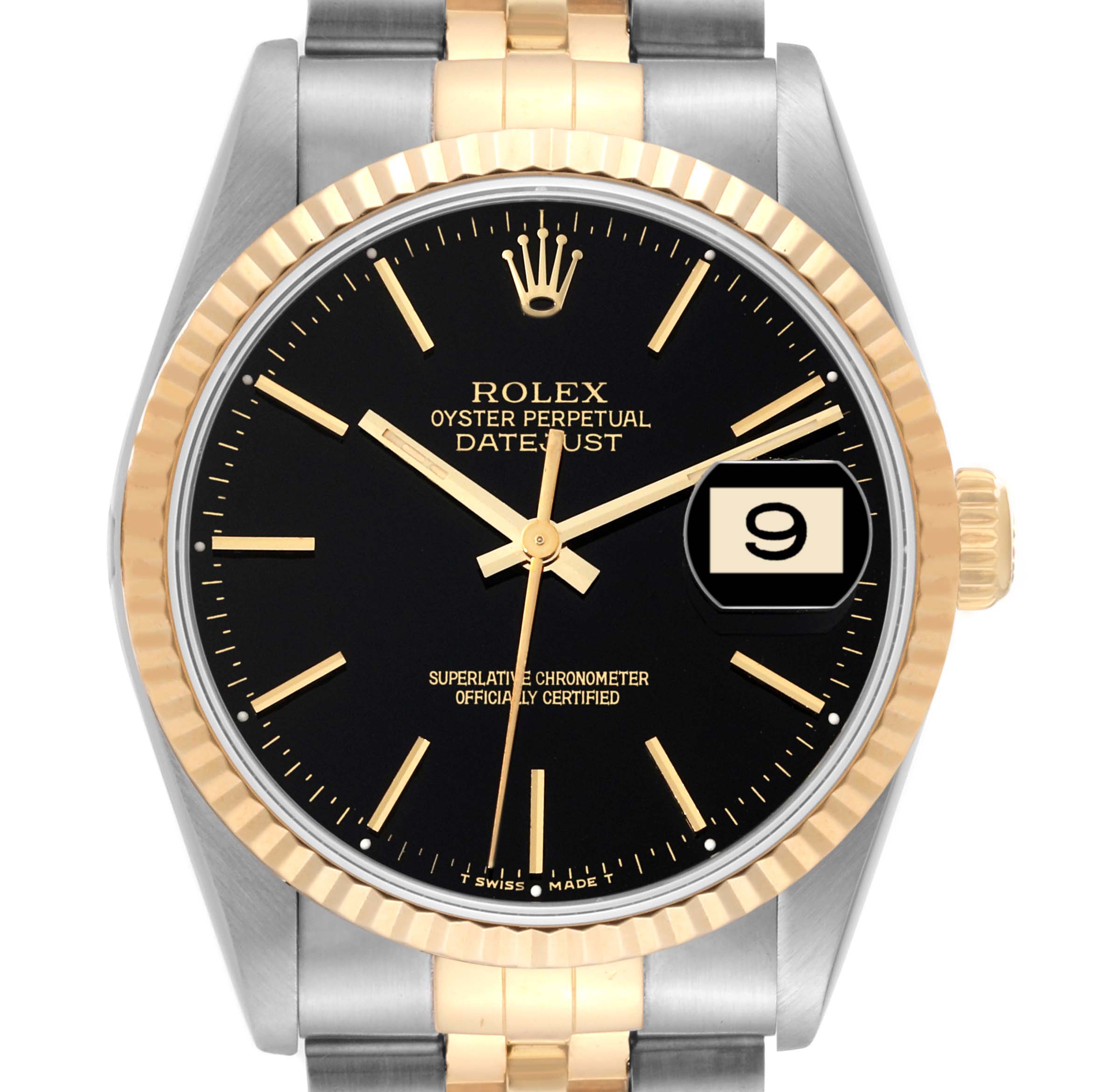 The image shows a front view of the Rolex Datejust 16233 Men's Steel and Gold (two tone) Black Dial 16233 Men's Steel and Gold (two tone) Black Dial watch, highlighting its black dial, gold markers, fluted bezel, and date display.