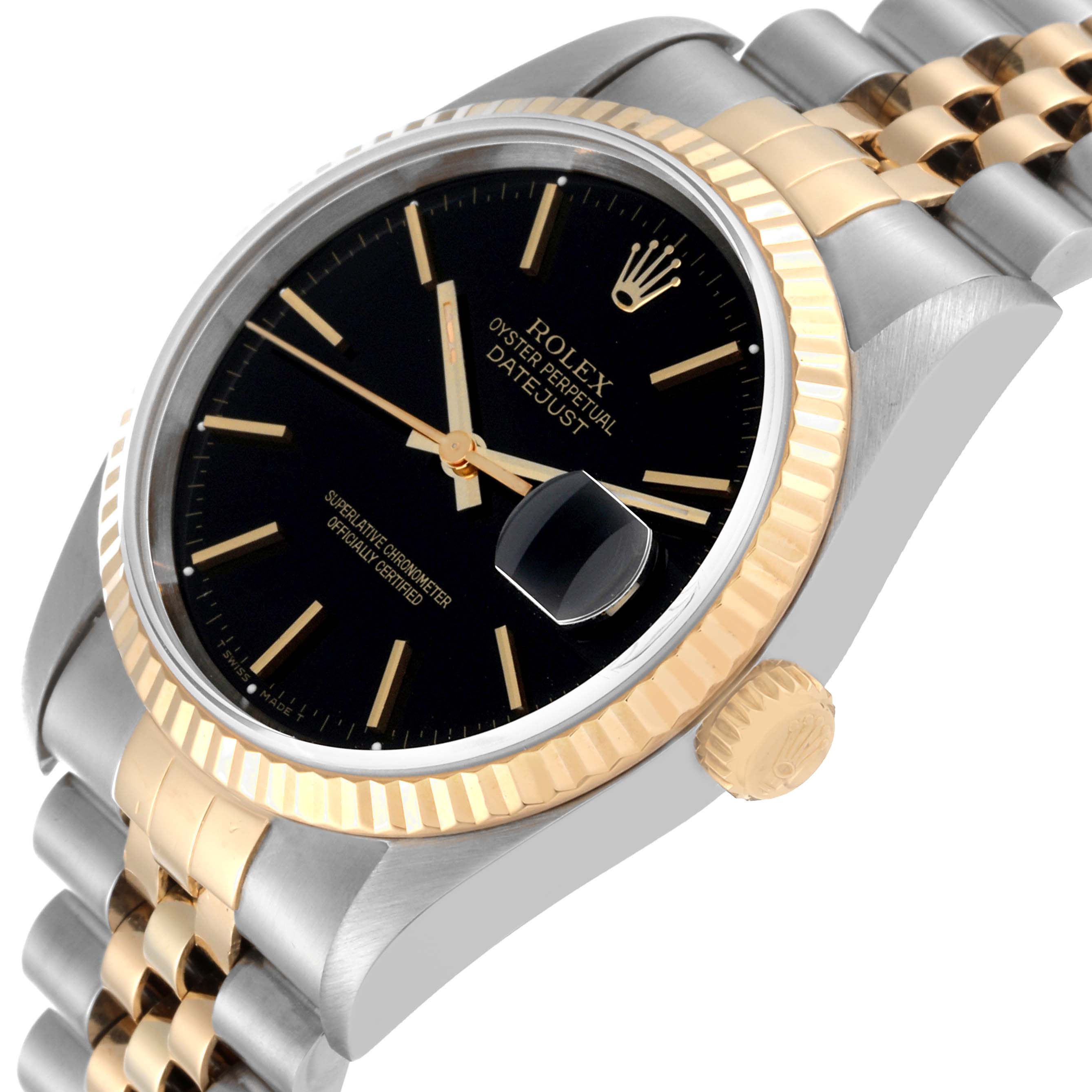 The image shows a Rolex Datejust 16233 Men's Steel and Gold (two tone) Black Dial 16233 Men's Steel and Gold (two tone) Black Dial watch from an oblique angle, highlighting the dial, bezel, crown, and part of the bracelet.
