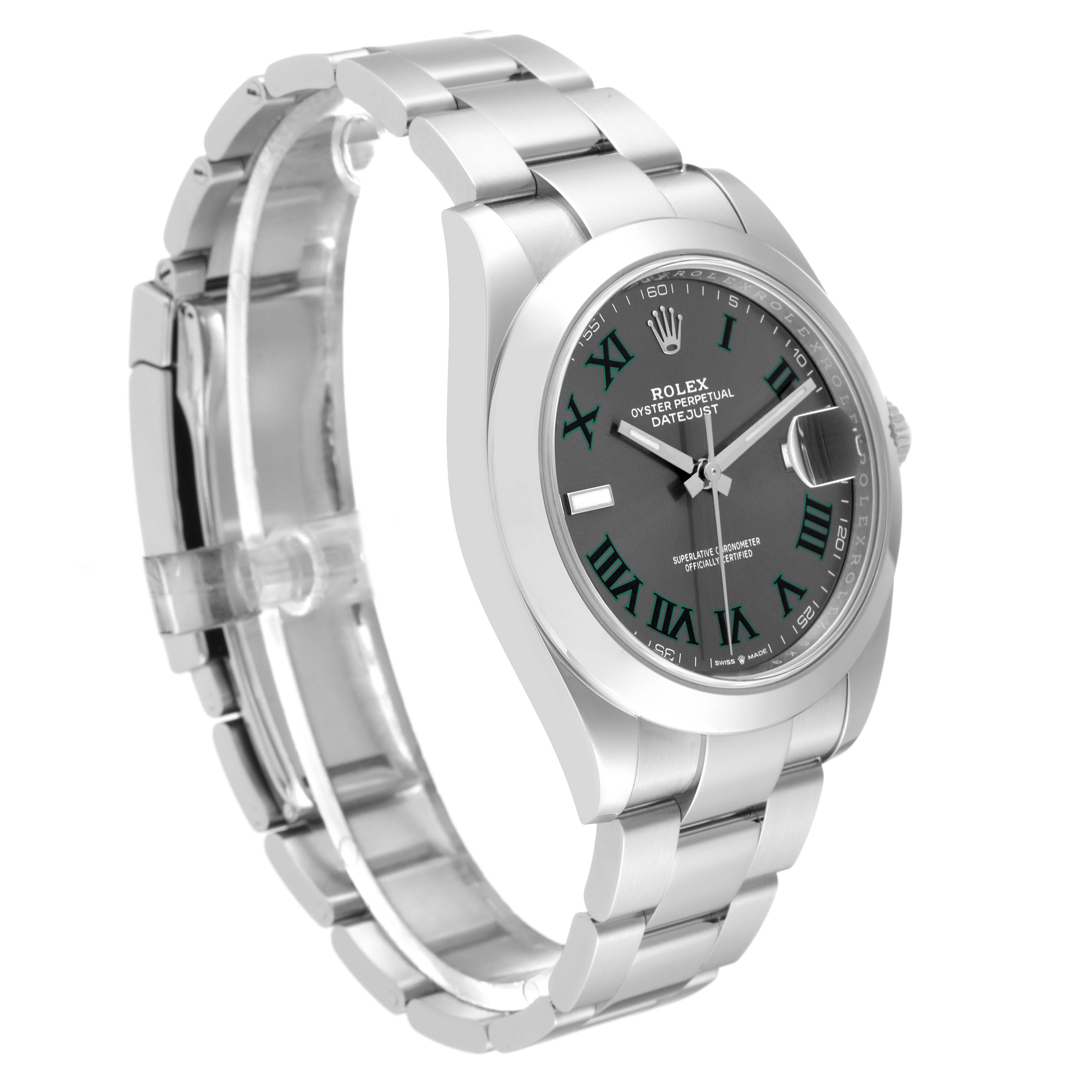 This image shows a side angle of the Rolex Datejust 41 126300 Men
s Stainless Steel Grey Dial 126300 Men
s Stainless Steel Grey Dial watch, highlighting the bracelet, case, and dial.