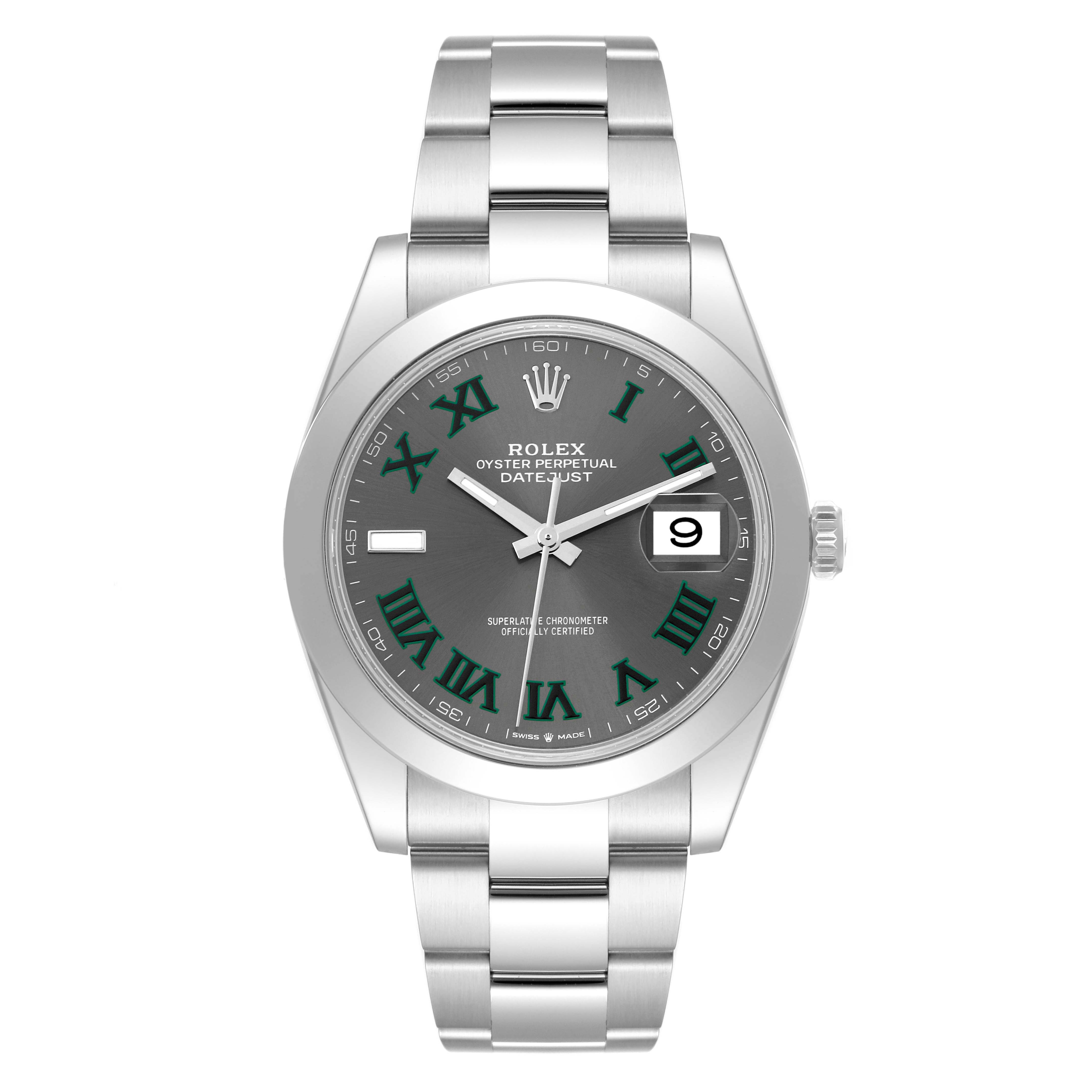 The Rolex Datejust 41 126300 Men
s Stainless Steel Grey Dial 126300 Men
s Stainless Steel Grey Dial watch is shown from above, displaying its gray dial with green Roman numerals, date window, and stainless steel bracelet.