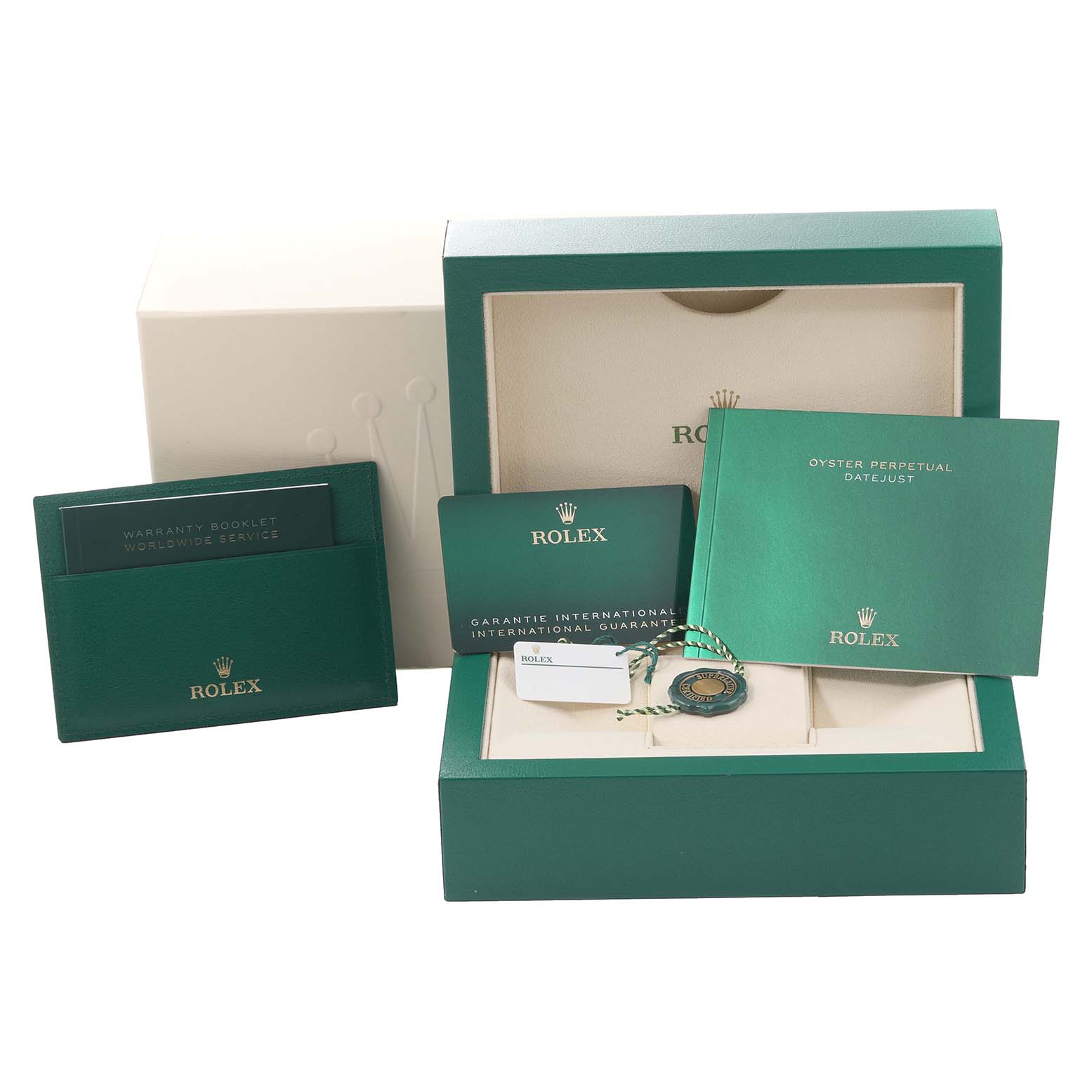 The image shows the packaging, booklets, warranty card, and accessories for the Rolex Datejust 41 126300 Men
s Stainless Steel Grey Dial 126300 Men
s Stainless Steel Grey Dial model, viewed from the front.
