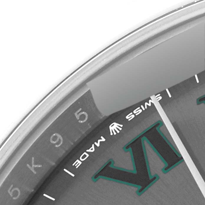 This is a close-up of the face of a Rolex Datejust 41 126300 Men
s Stainless Steel Grey Dial 126300 Men
s Stainless Steel Grey Dial, showing part of the dial, bezel, and markings.