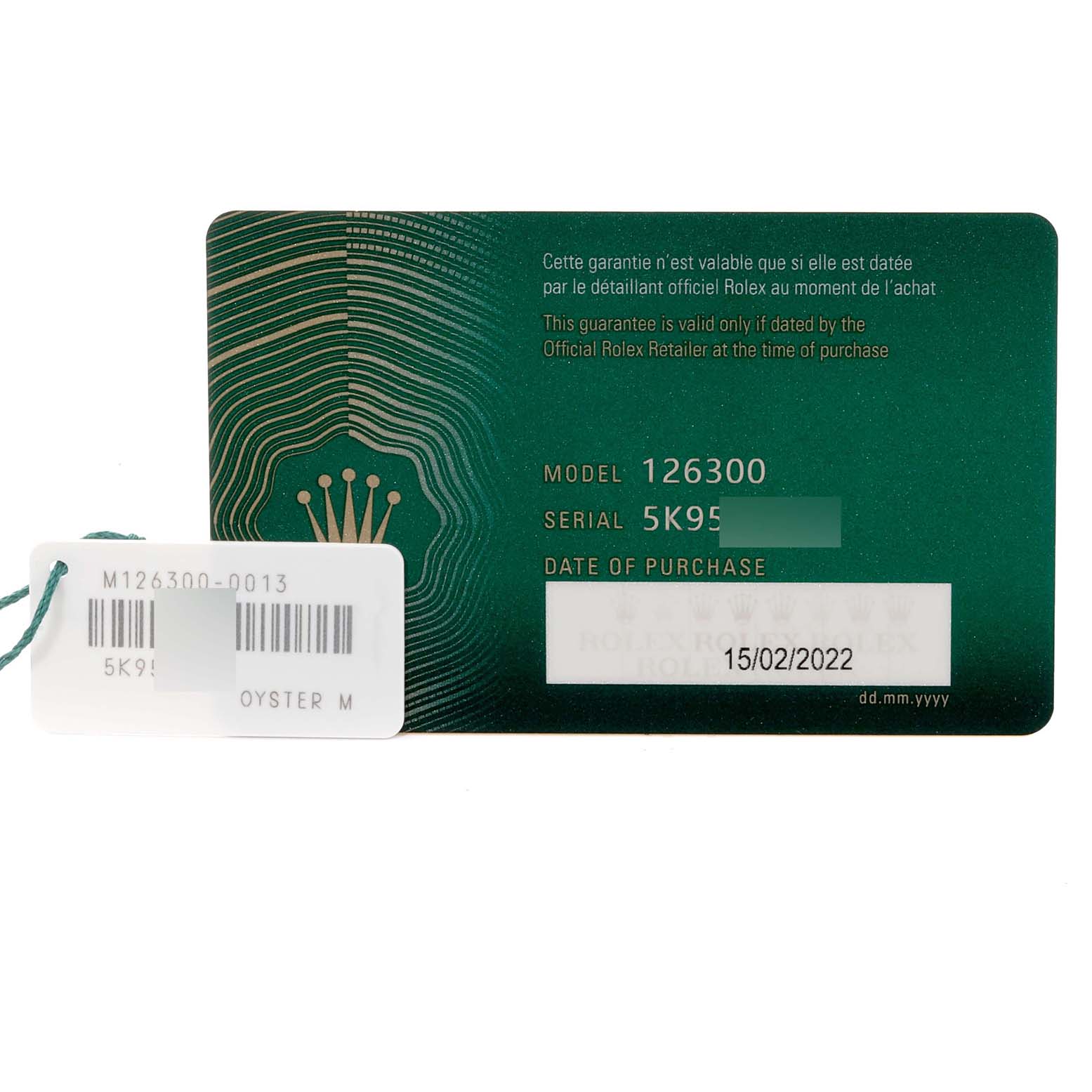 The image shows a warranty card and tag for the Rolex Datejust 41 126300 Men
s Stainless Steel Grey Dial 126300 Men
s Stainless Steel Grey Dial model, indicating model number 126300 and serial number 5K95.