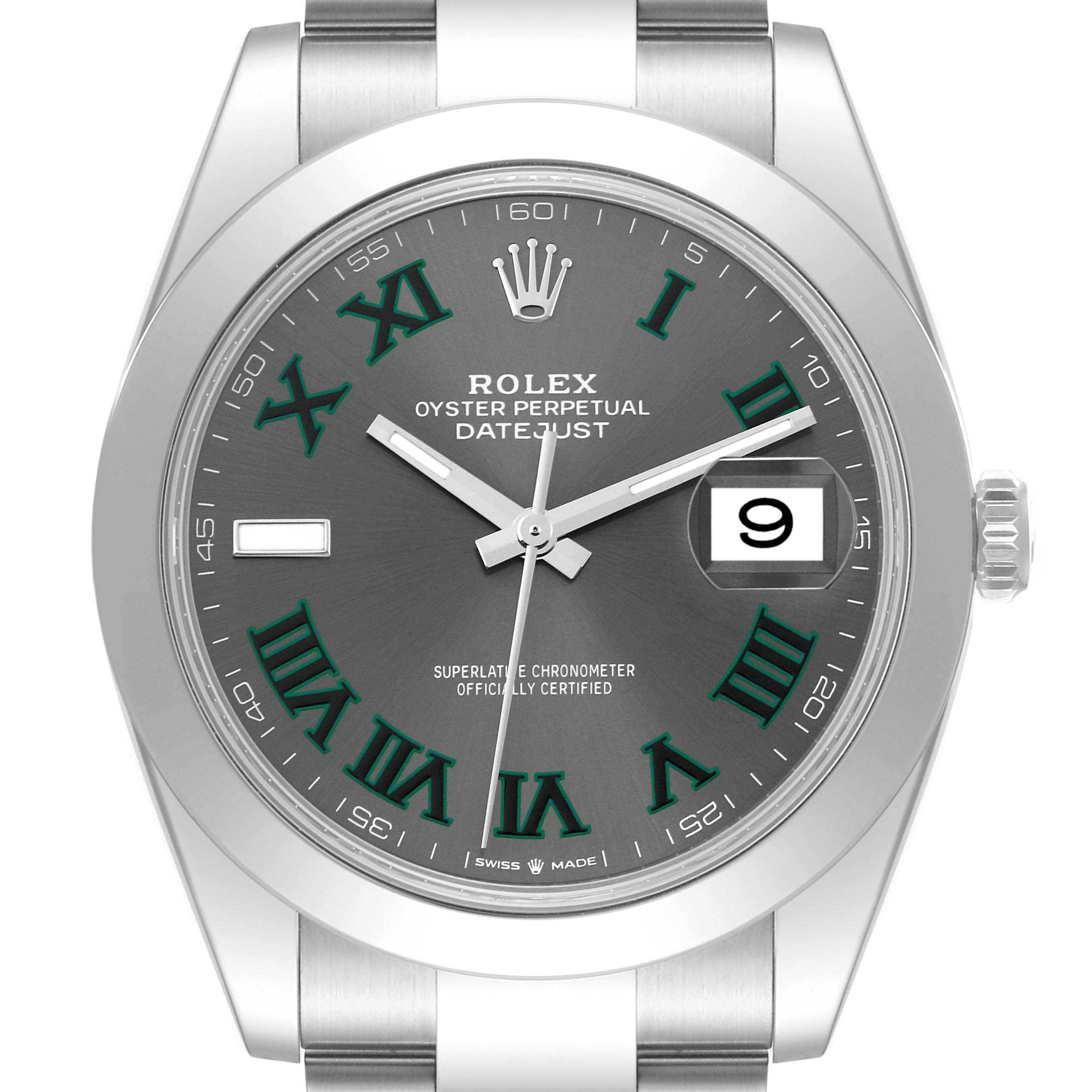 This image shows a close-up, front view of the Rolex Datejust 41 126300 Men
s Stainless Steel Grey Dial 126300 Men
s Stainless Steel Grey Dial watch, highlighting its dial, hands, date window, and part of the bracelet.