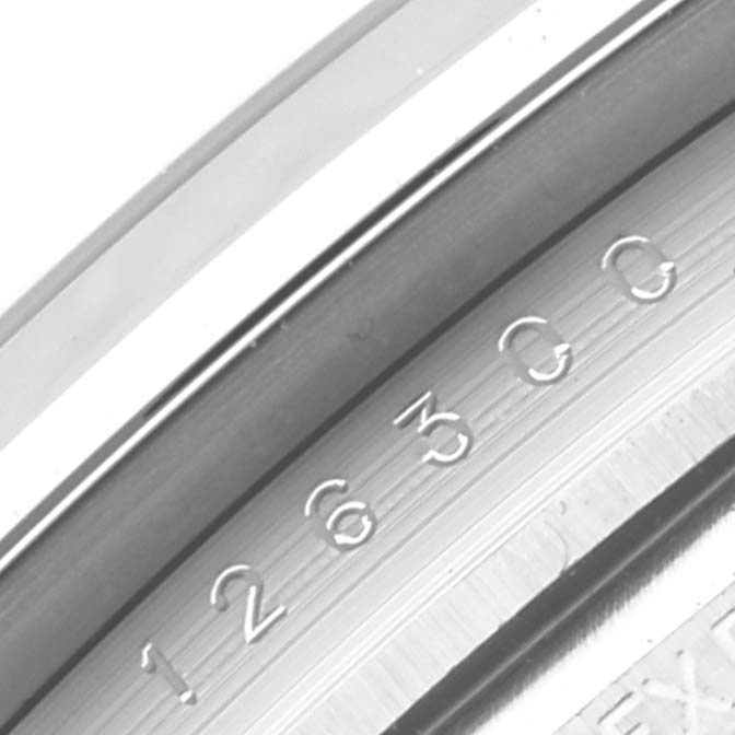 This close-up shows the engraved model number on the inner bezel (rehaut) of a Rolex Datejust 41 126300 Men
s Stainless Steel Grey Dial 126300 Men
s Stainless Steel Grey Dial watch.