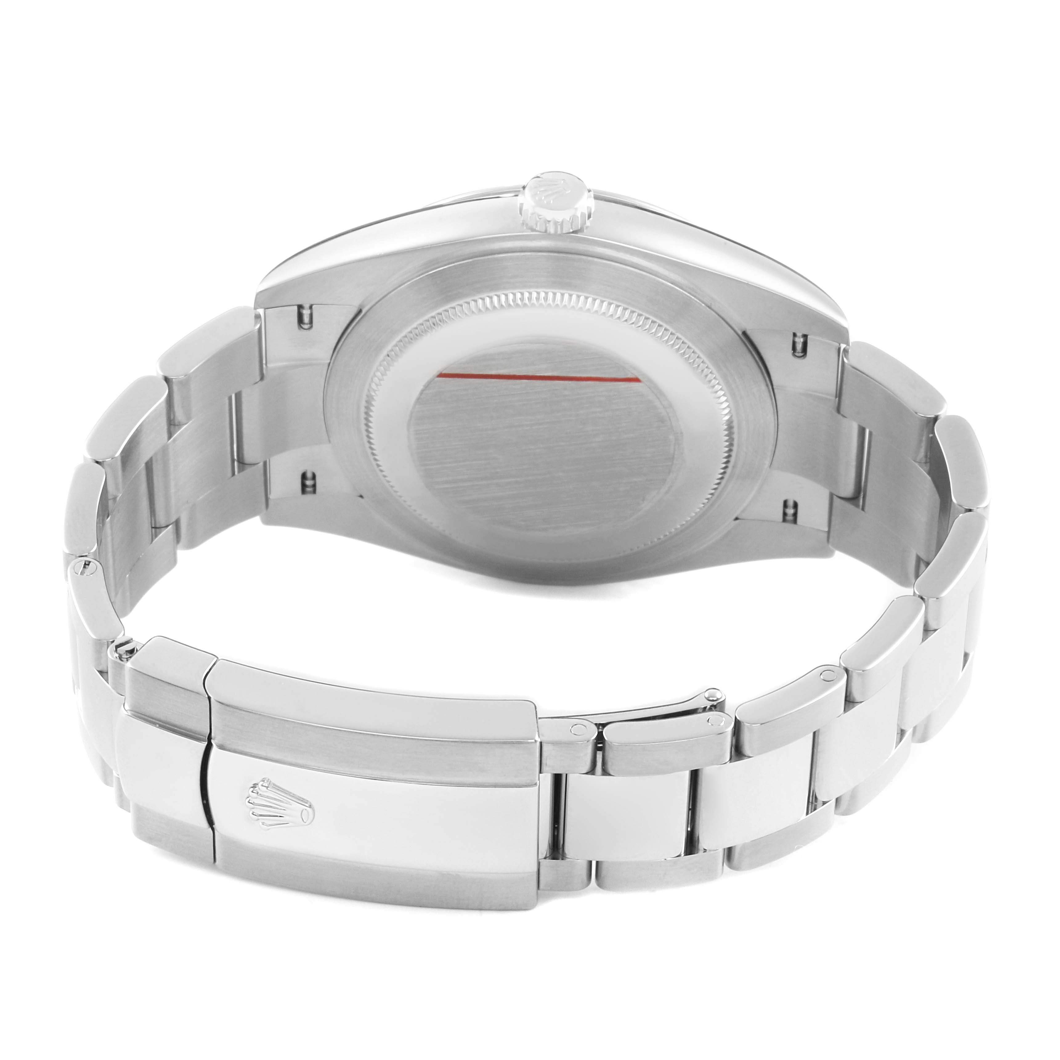 The image shows the back of a Rolex Datejust 41 126300 Men's Stainless Steel White Dial watch, highlighting the case back, crown, and bracelet with clasp.