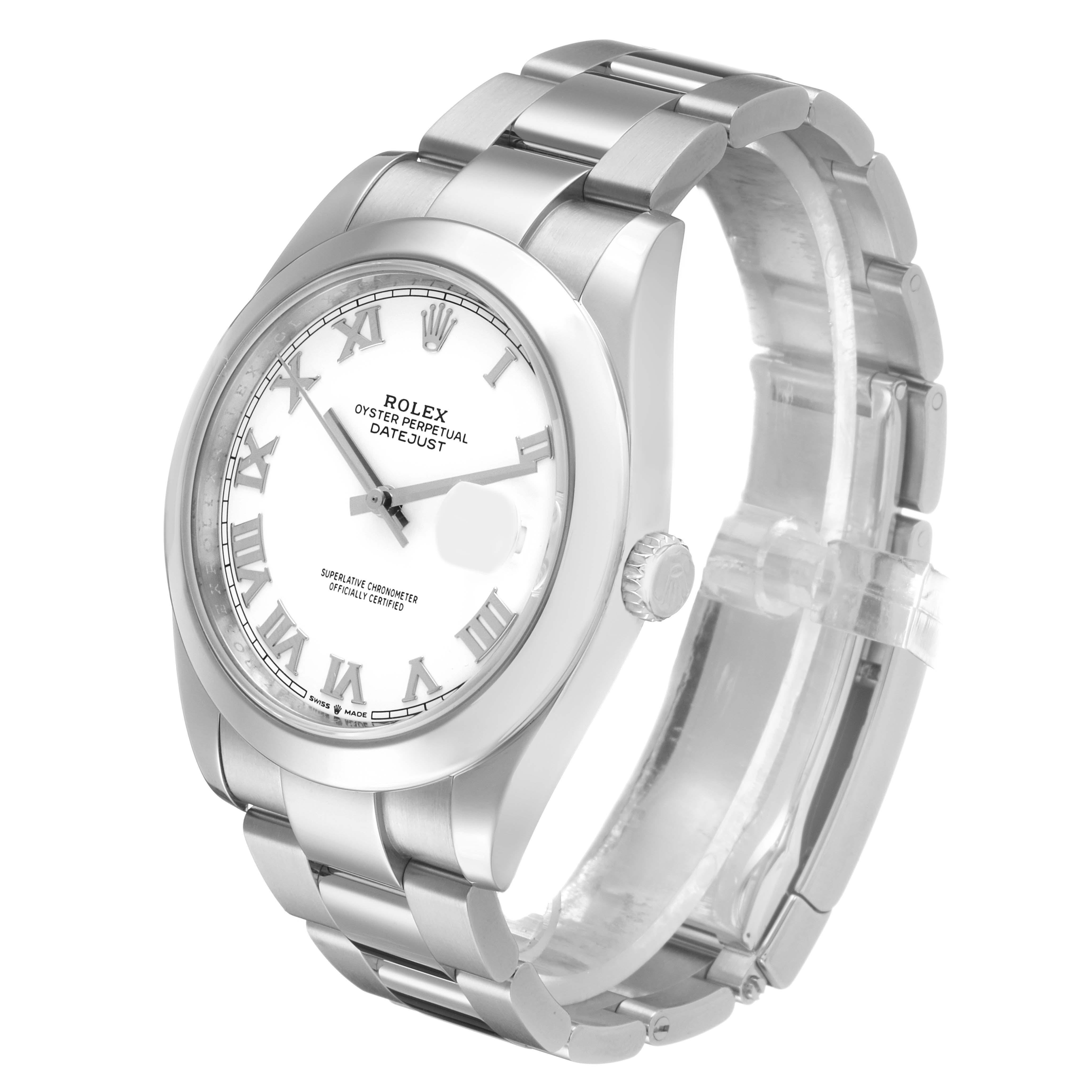 The Rolex Datejust 41 126300 Men's Stainless Steel White Dial is shown at a three-quarter angle, highlighting the face, bezel, and bracelet.