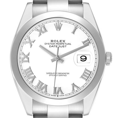 The Rolex Datejust 41 126300 Men's Stainless Steel White Dial watch is shown from a front angle, highlighting the dial, Roman numerals, and date window.